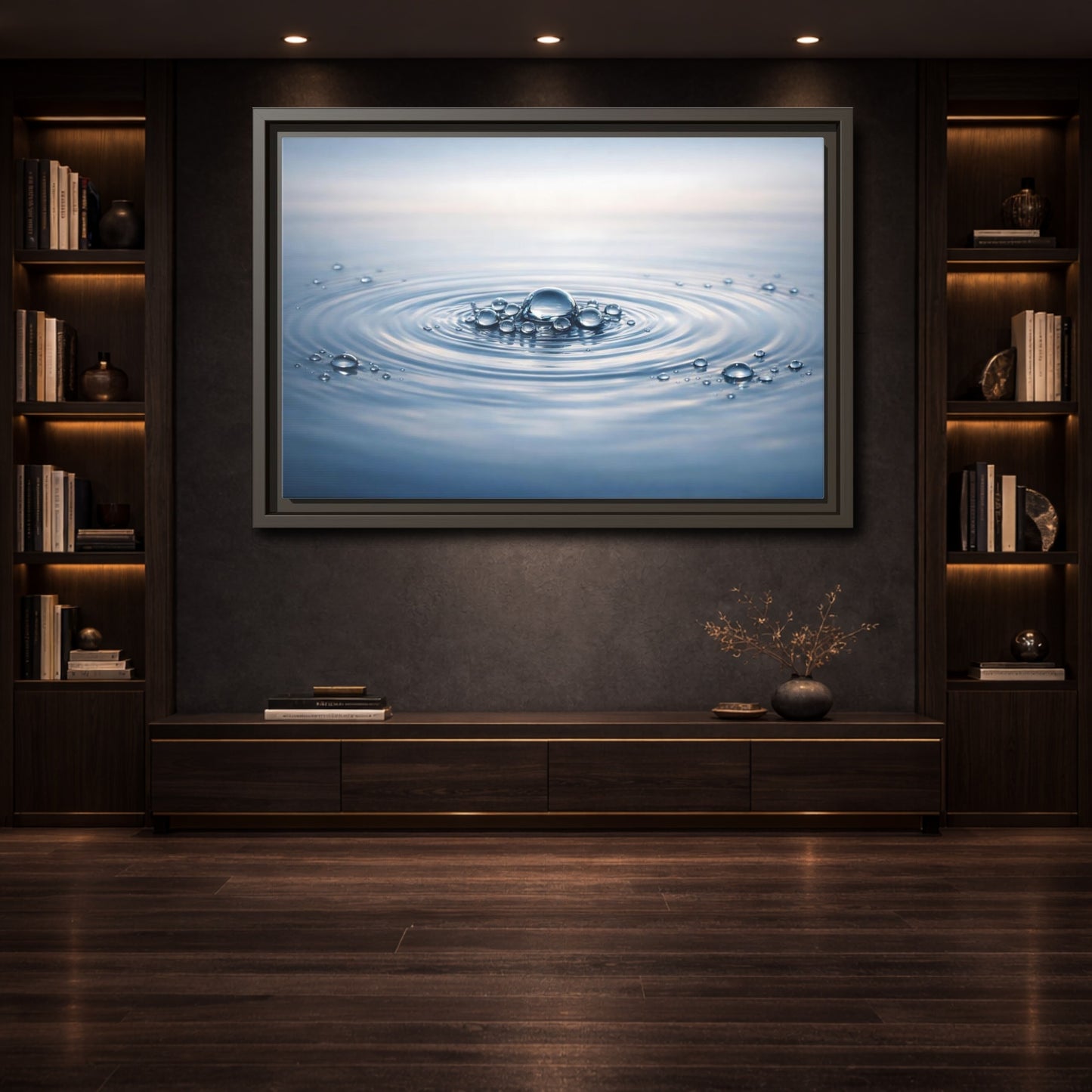 Mockup 3. Nature Water Ripples Blue And White shown as stretched canvas wall art