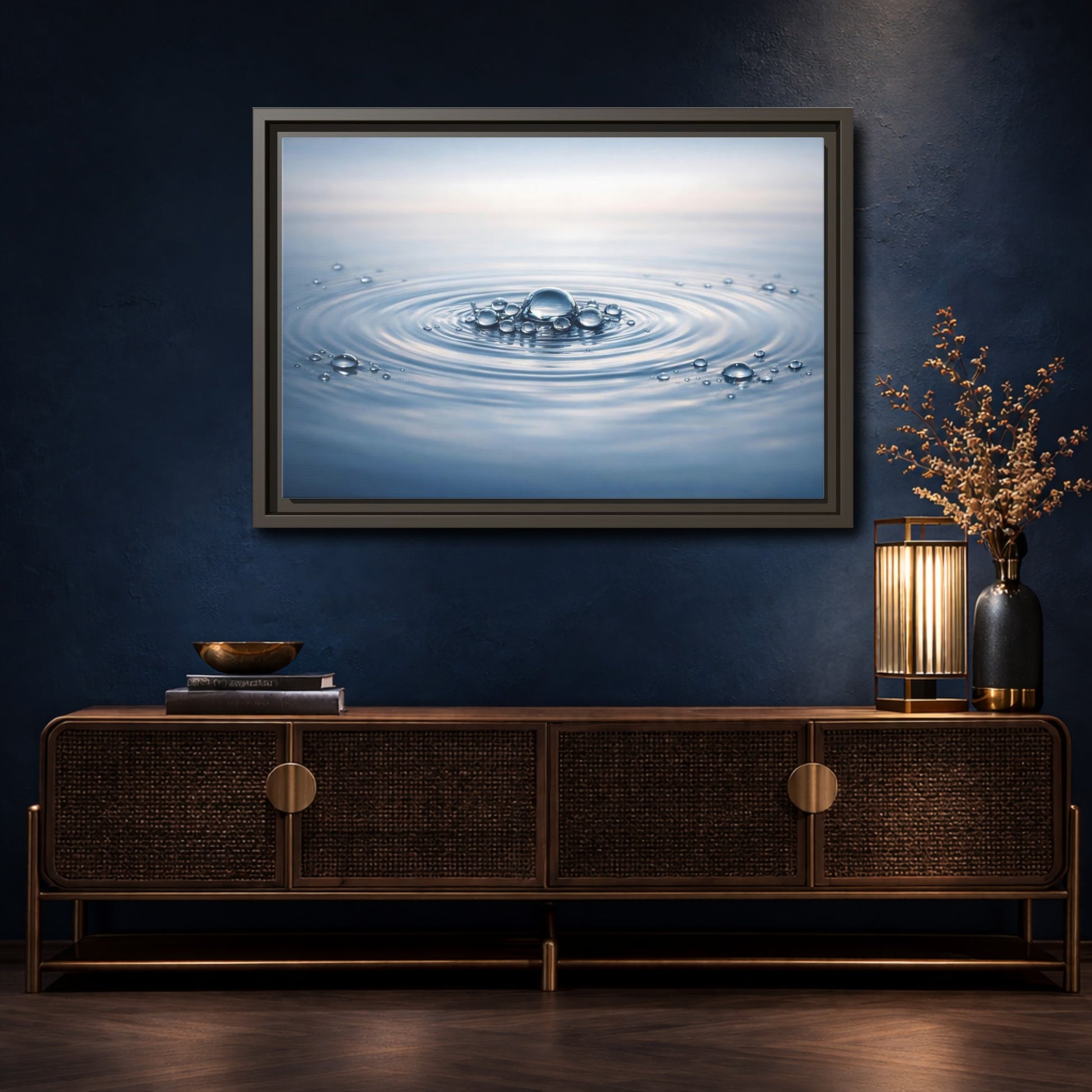Mockup 4. Nature Water Ripples Blue And White shown as stretched canvas wall art