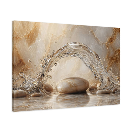 Main Mockup. Nature Water Splash Beige And White shown as stretched canvas wall art