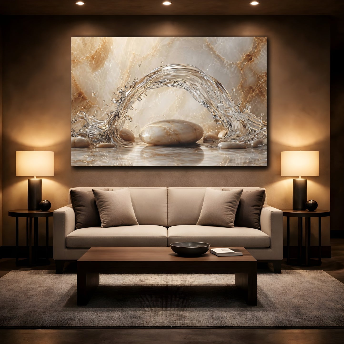 Mockup 2. Nature Water Splash Beige And White shown as stretched canvas wall art