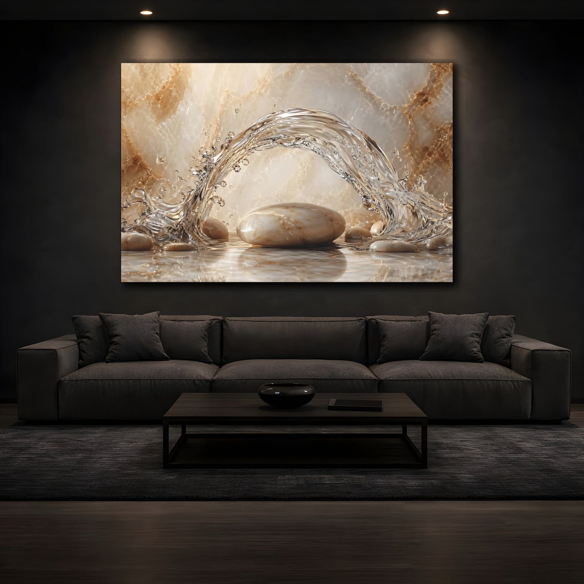 Mockup 3. Nature Water Splash Beige And White shown as stretched canvas wall art