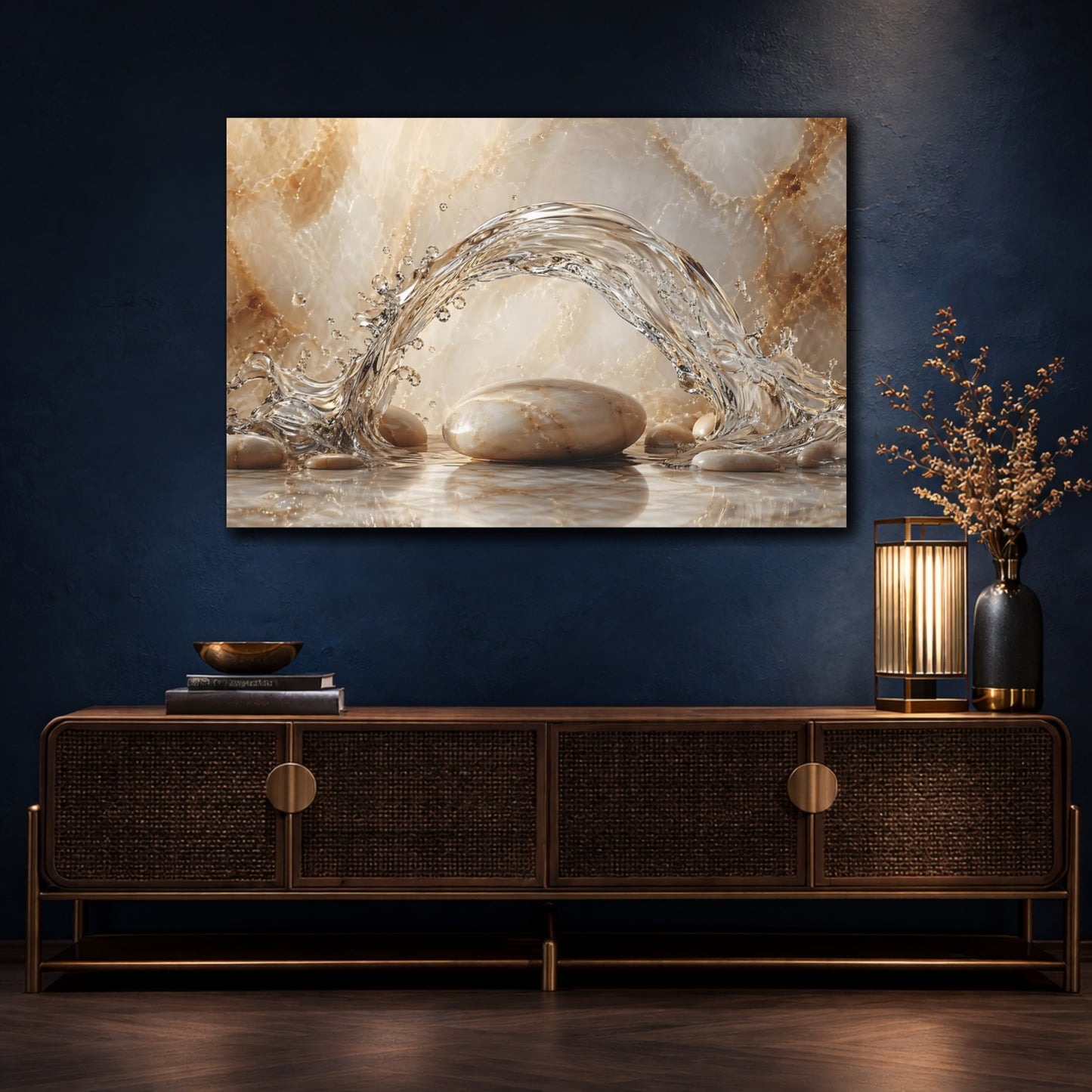 Mockup 4. Nature Water Splash Beige And White shown as stretched canvas wall art
