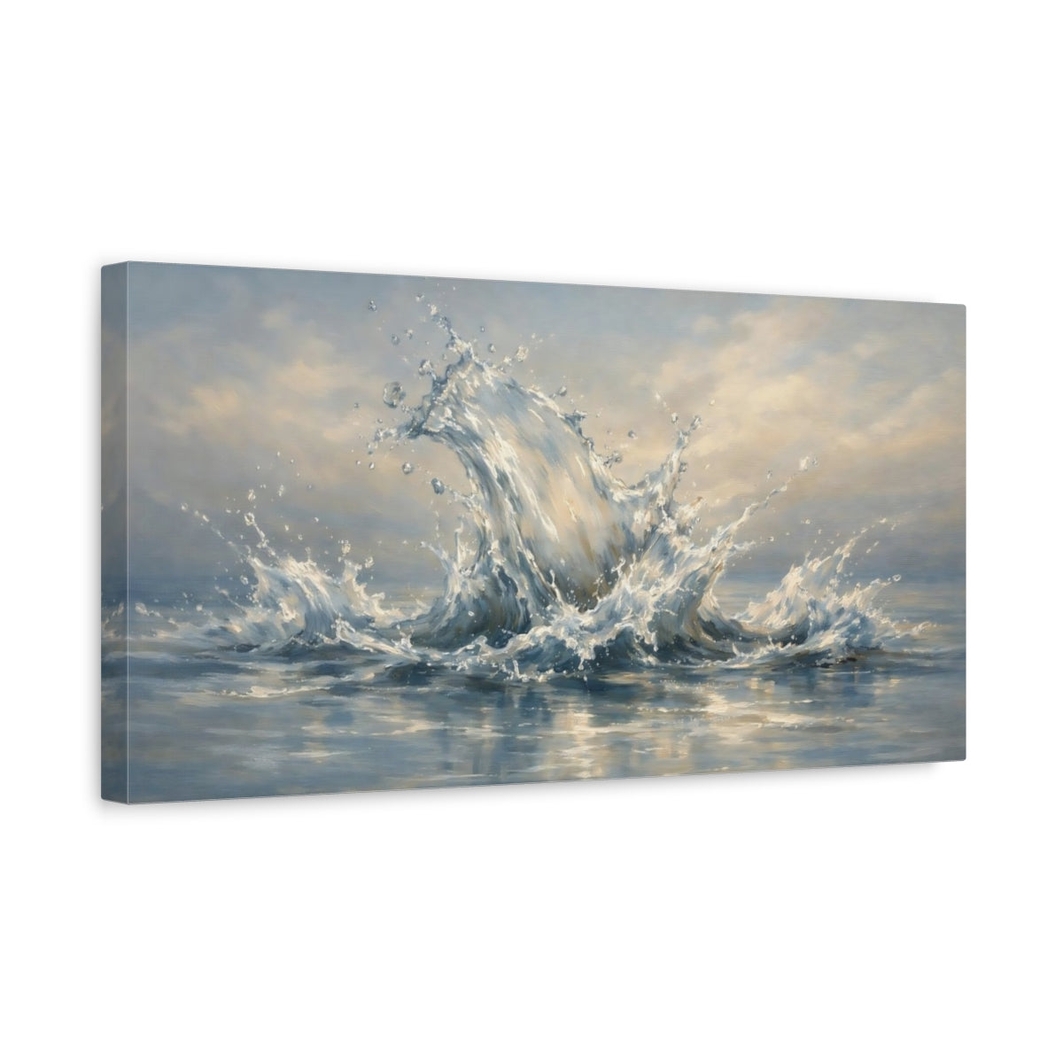 Side Mockup 3. Nature Water Splash Blue And White shown as stretched canvas wall art