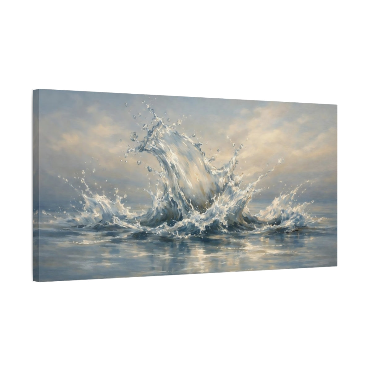 Side Mockup 2. Nature Water Splash Blue And White shown as stretched canvas wall art