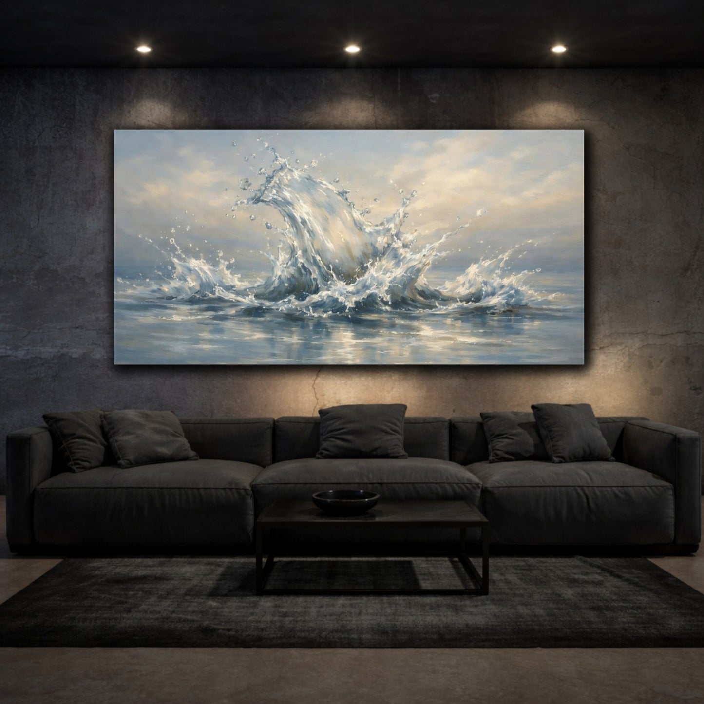 Mockup 2. Nature Water Splash Blue And White shown as stretched canvas wall art