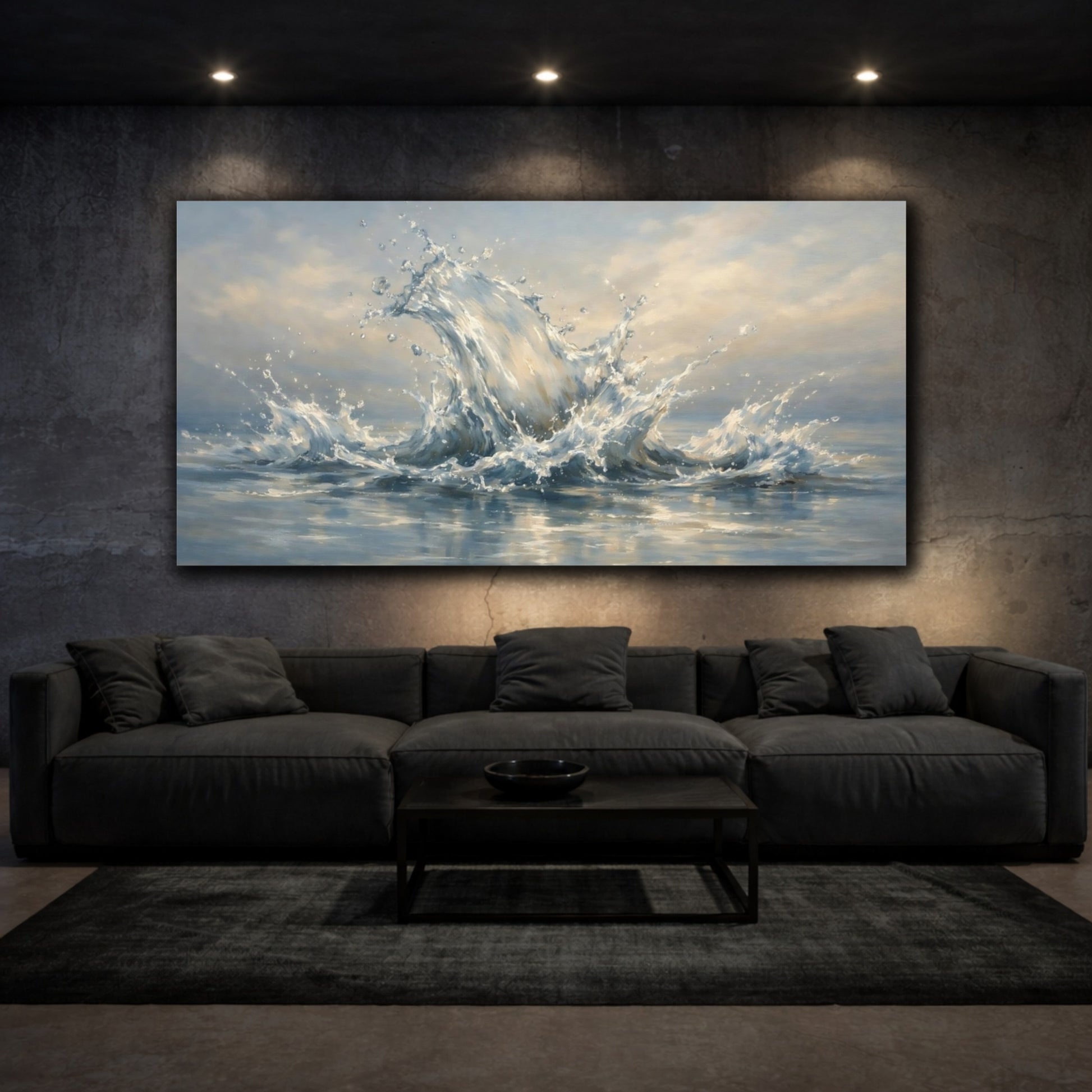 Mockup 2. Nature Water Splash Blue And White shown as stretched canvas wall art