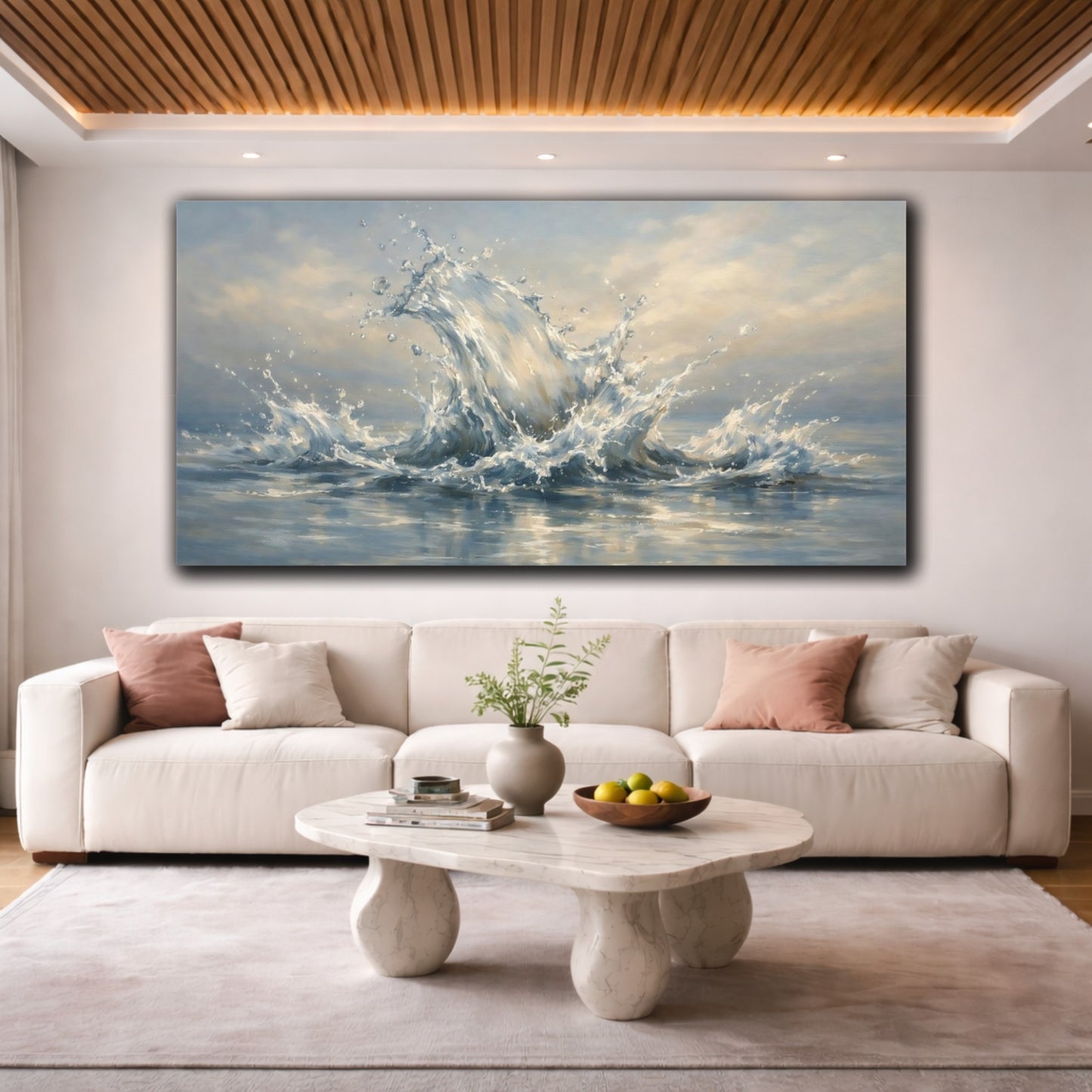 Mockup 3. Nature Water Splash Blue And White shown as stretched canvas wall art