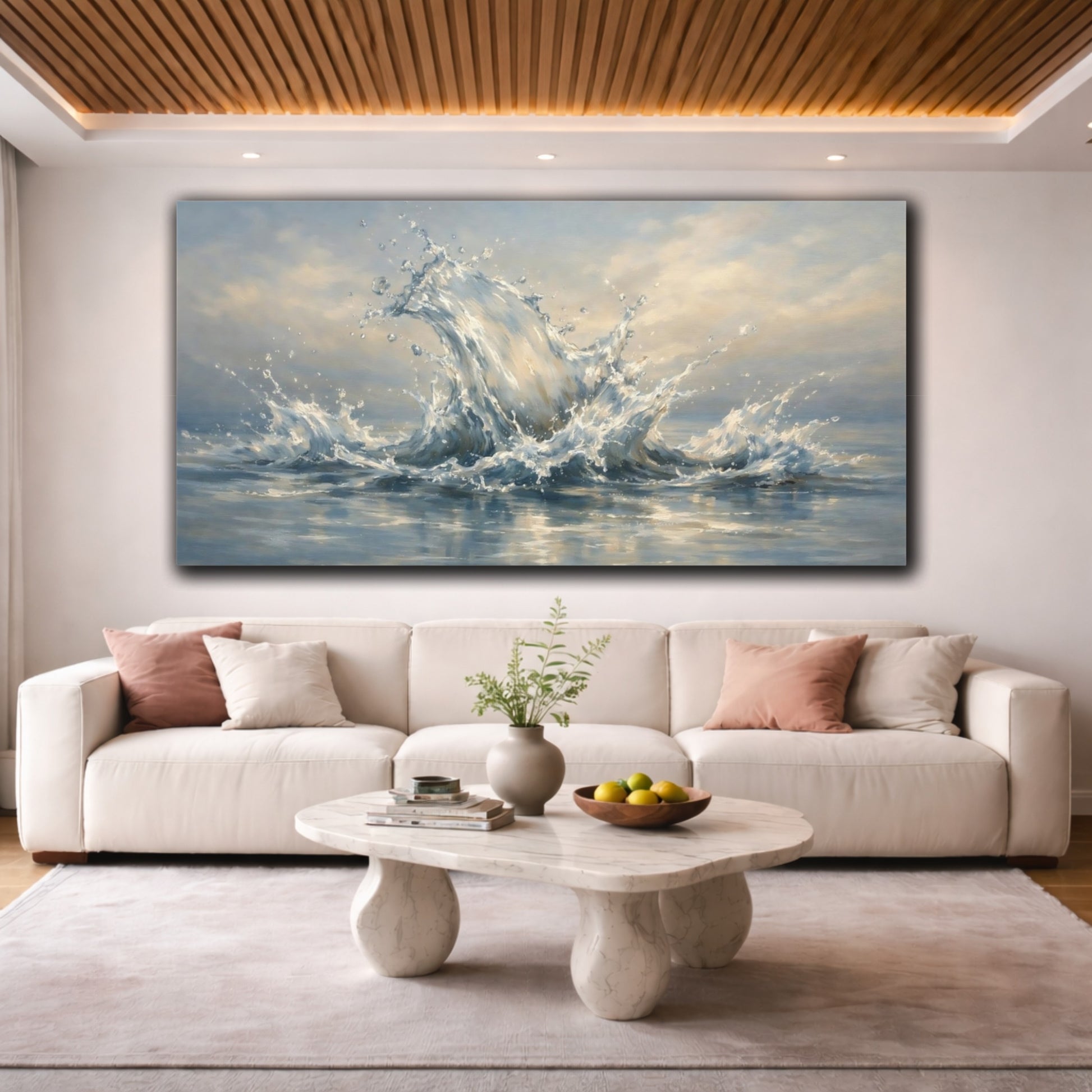 Mockup 3. Nature Water Splash Blue And White shown as stretched canvas wall art