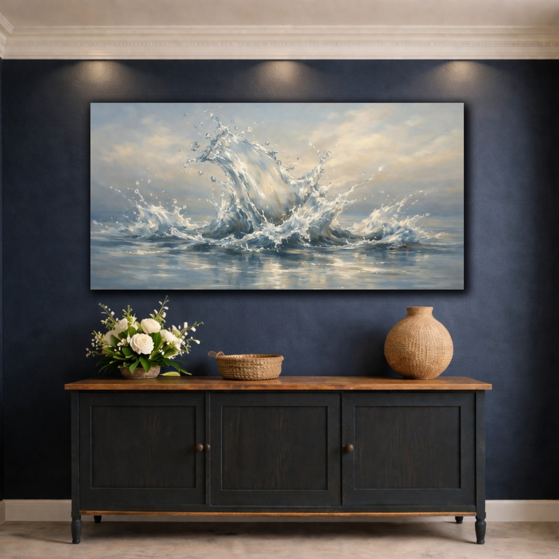 Mockup 4. Nature Water Splash Blue And White shown as stretched canvas wall art