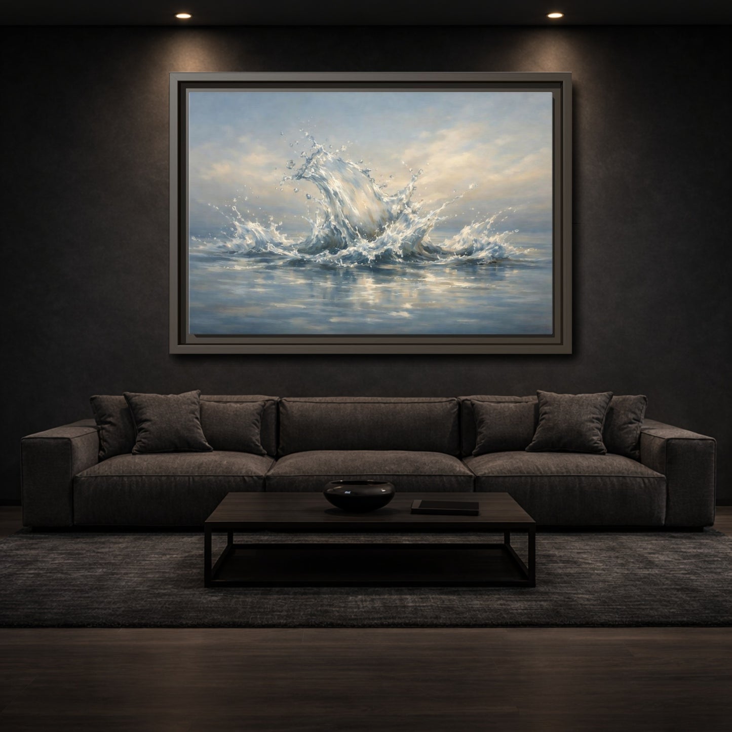 Mockup 2. Nature Water Splash Blue Water Splash shown as stretched canvas wall art