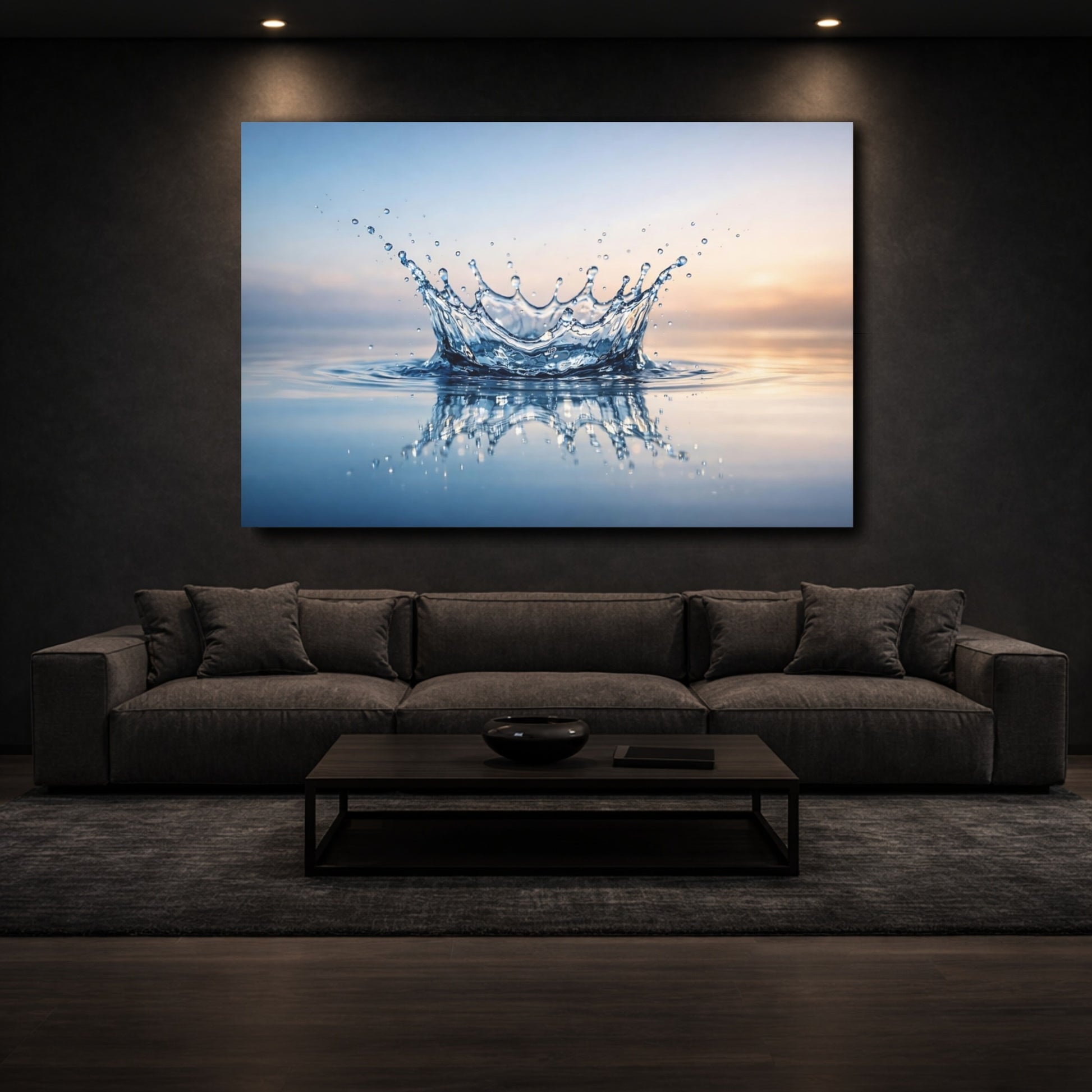 Mockup 2. Nature Water Splash Blue Water Splash shown as stretched canvas wall art