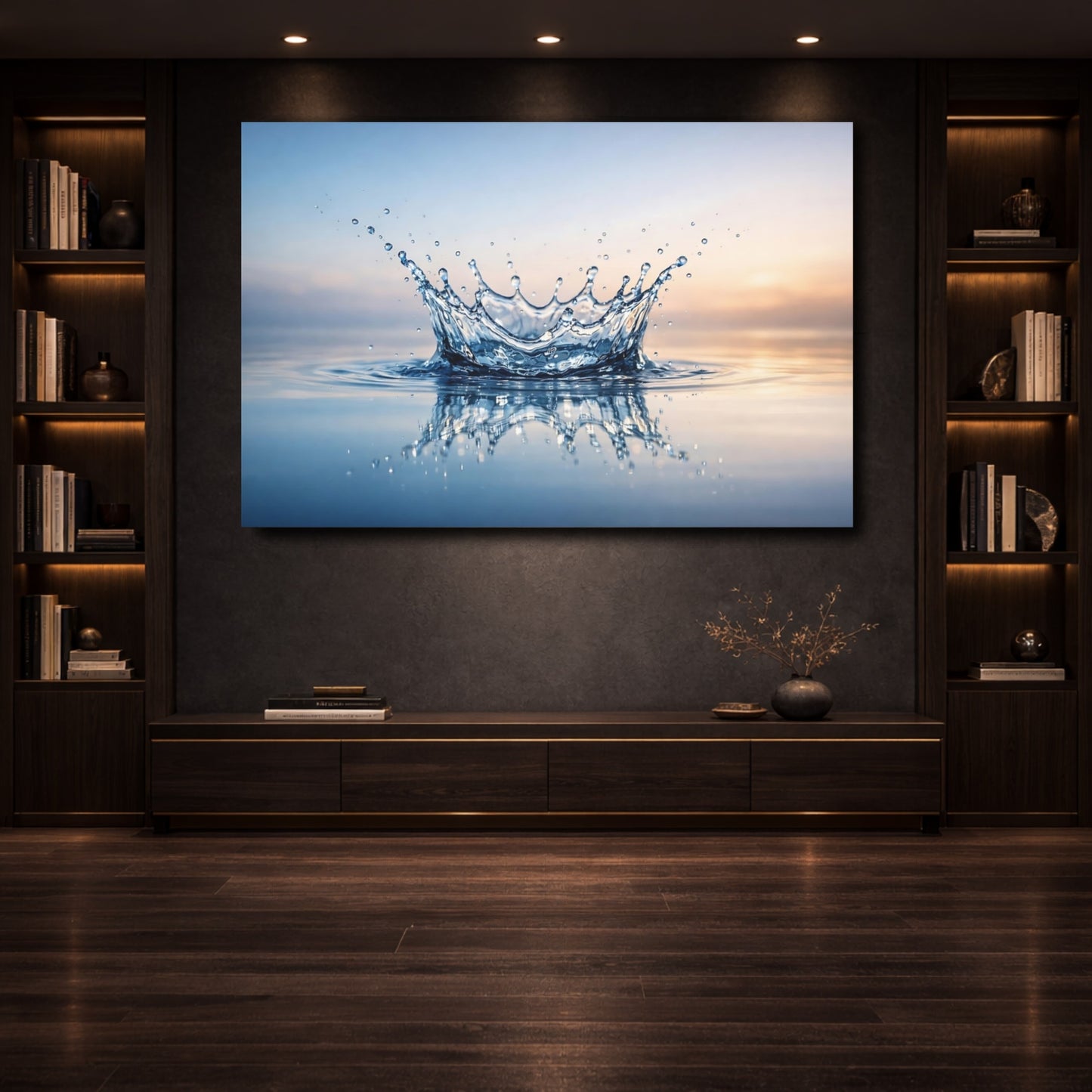 Mockup 3. Nature Water Splash Blue Water Splash shown as stretched canvas wall art