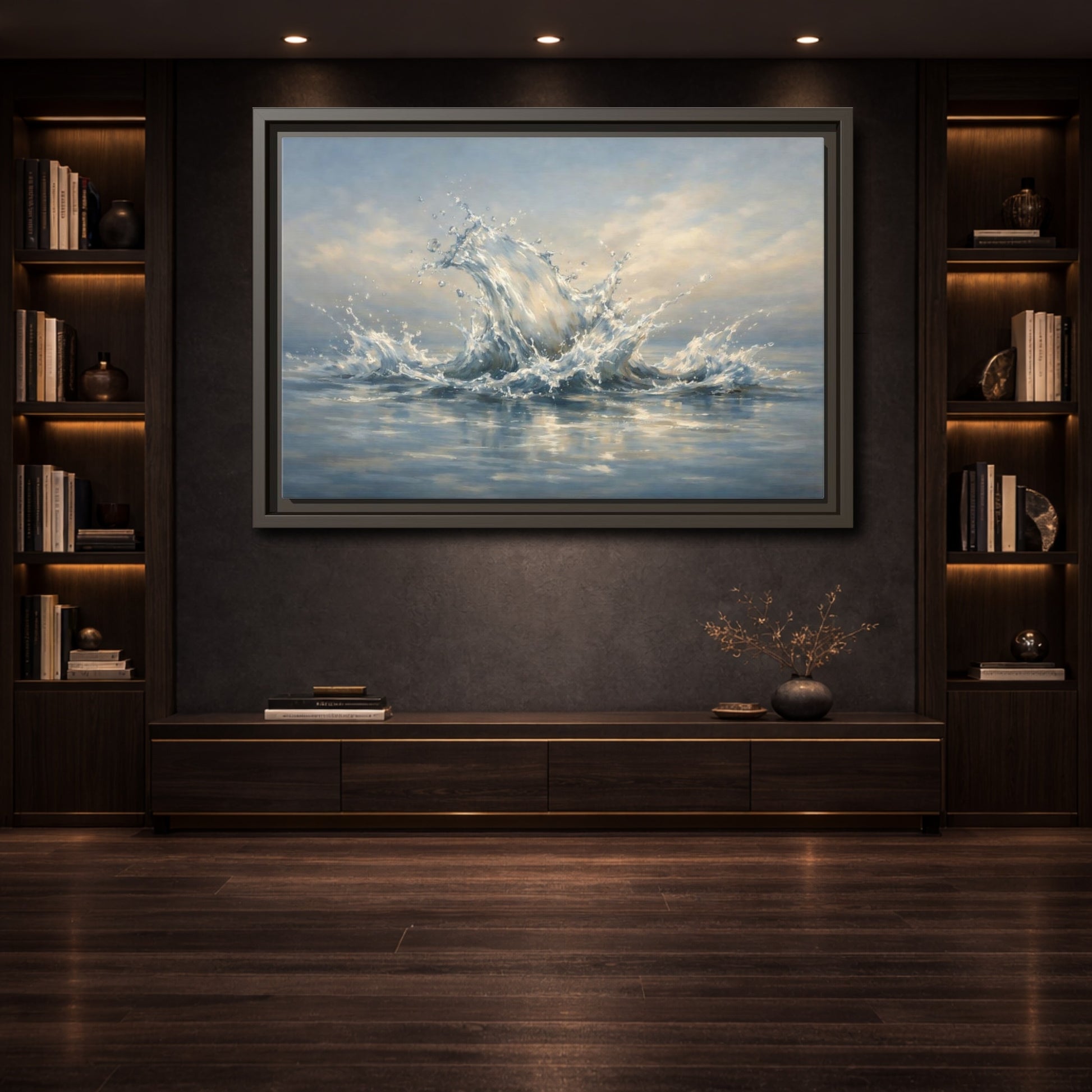 Mockup 3. Nature Water Splash Blue Water Splash shown as stretched canvas wall art