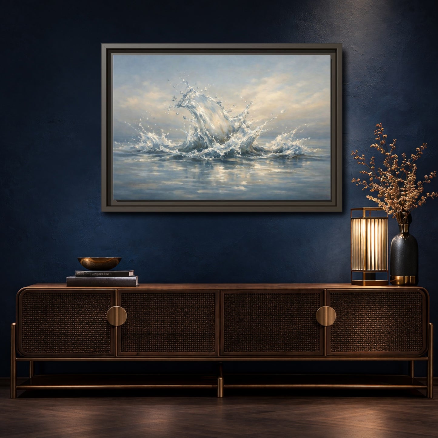 Mockup 4. Nature Water Splash Blue Water Splash shown as stretched canvas wall art