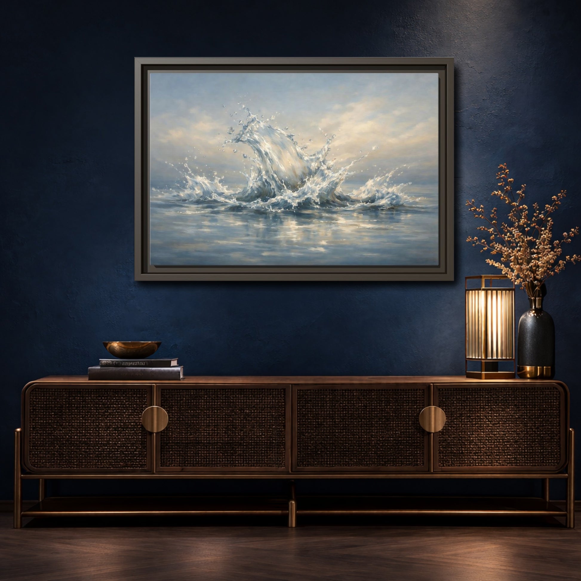 Mockup 4. Nature Water Splash Blue Water Splash shown as stretched canvas wall art