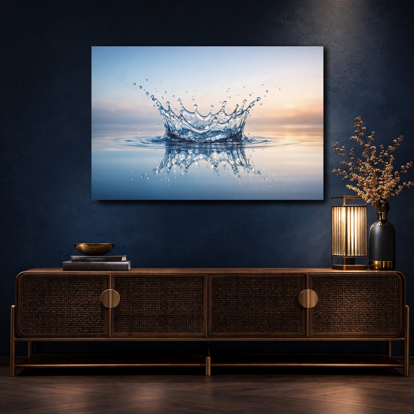 Mockup 4. Nature Water Splash Blue Water Splash shown as stretched canvas wall art