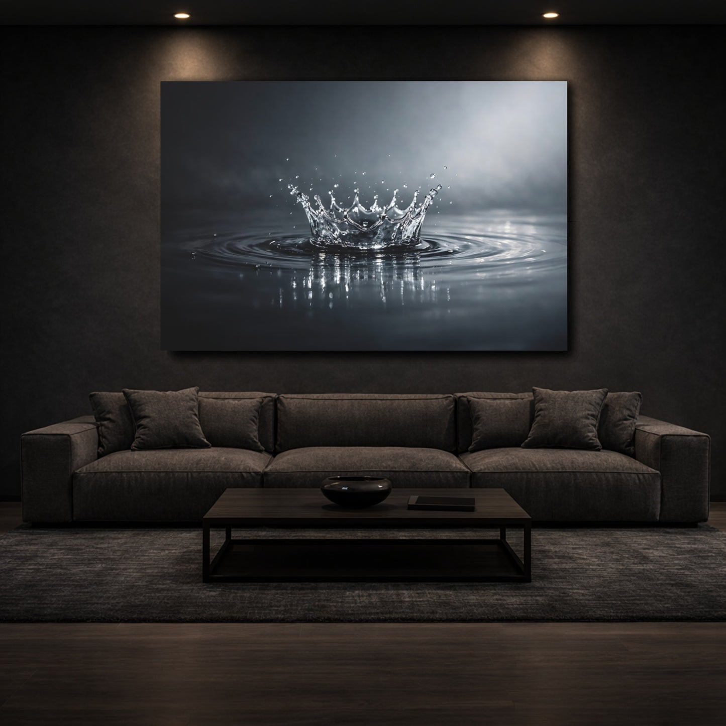 Mockup 2. Nature Water Splash Monochrome Water Splash shown as stretched canvas wall art