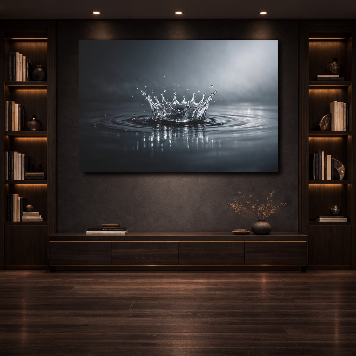 Mockup 3. Nature Water Splash Monochrome Water Splash shown as stretched canvas wall art
