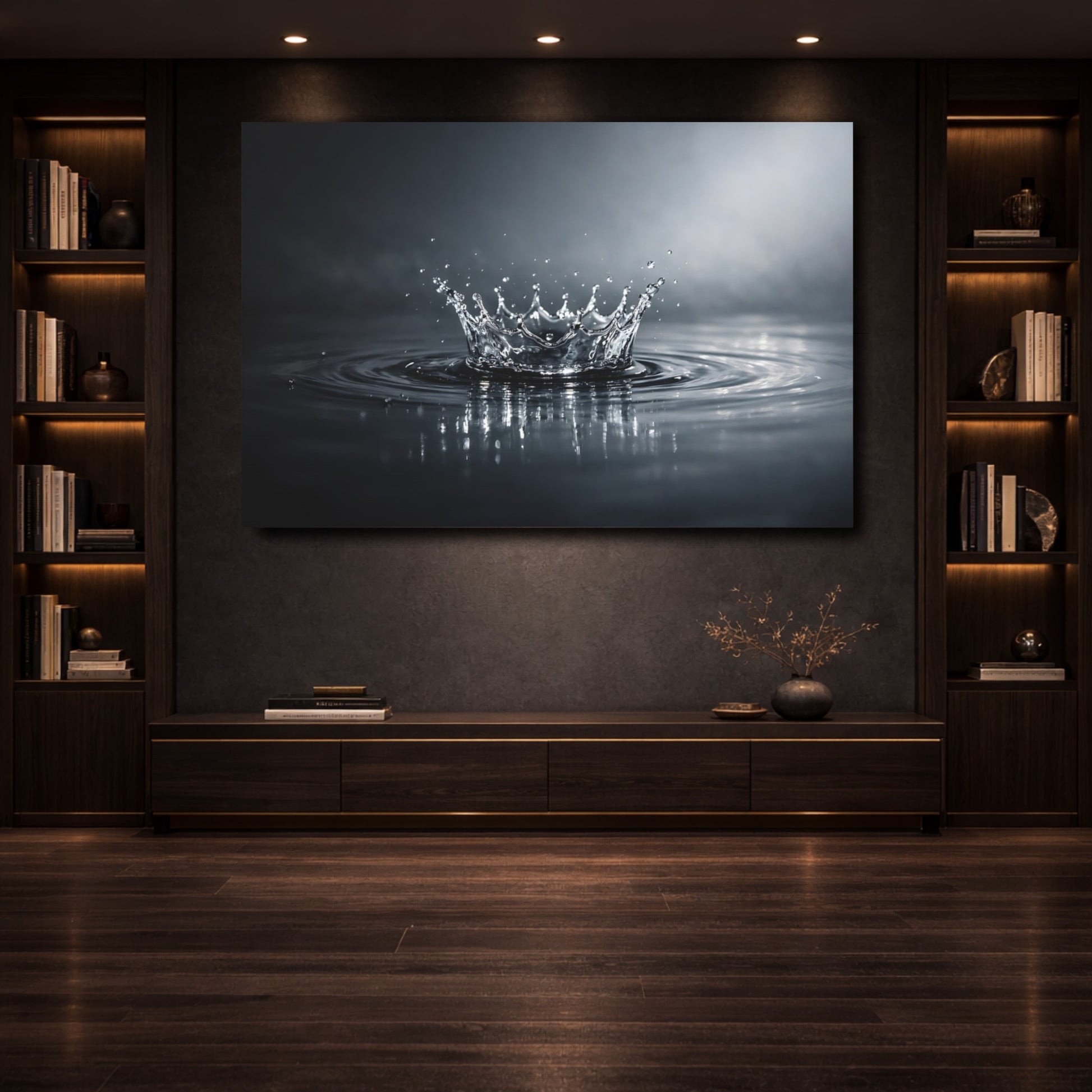 Mockup 3. Nature Water Splash Monochrome Water Splash shown as stretched canvas wall art