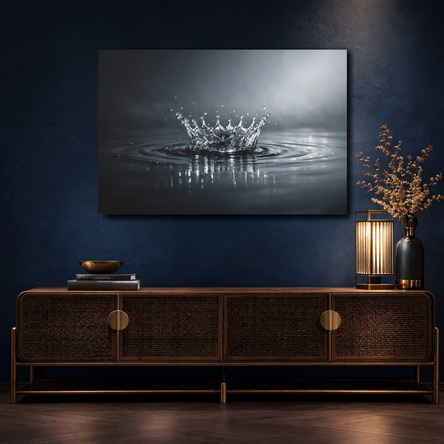 Mockup 4. Nature Water Splash Monochrome Water Splash shown as stretched canvas wall art