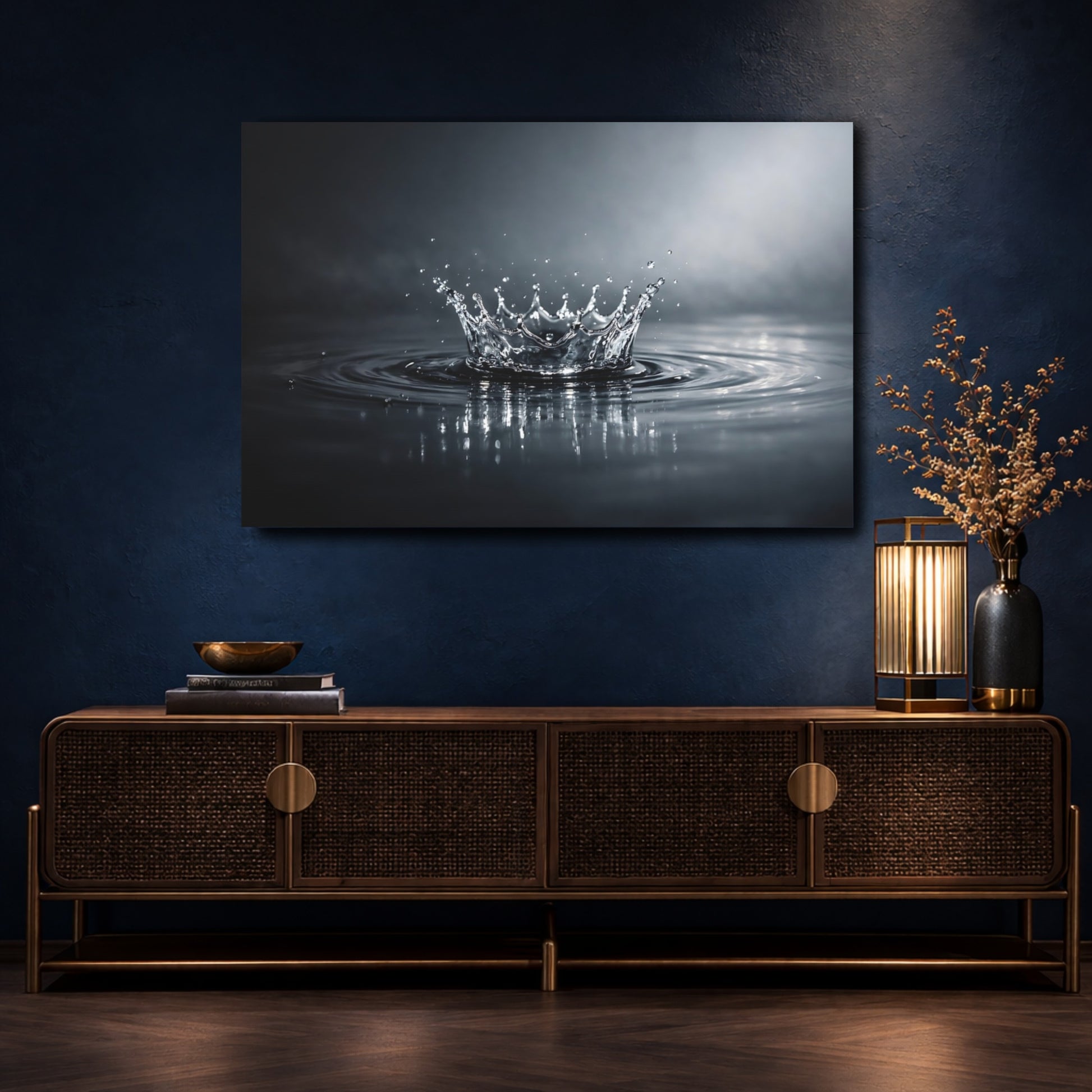 Mockup 4. Nature Water Splash Monochrome Water Splash shown as stretched canvas wall art