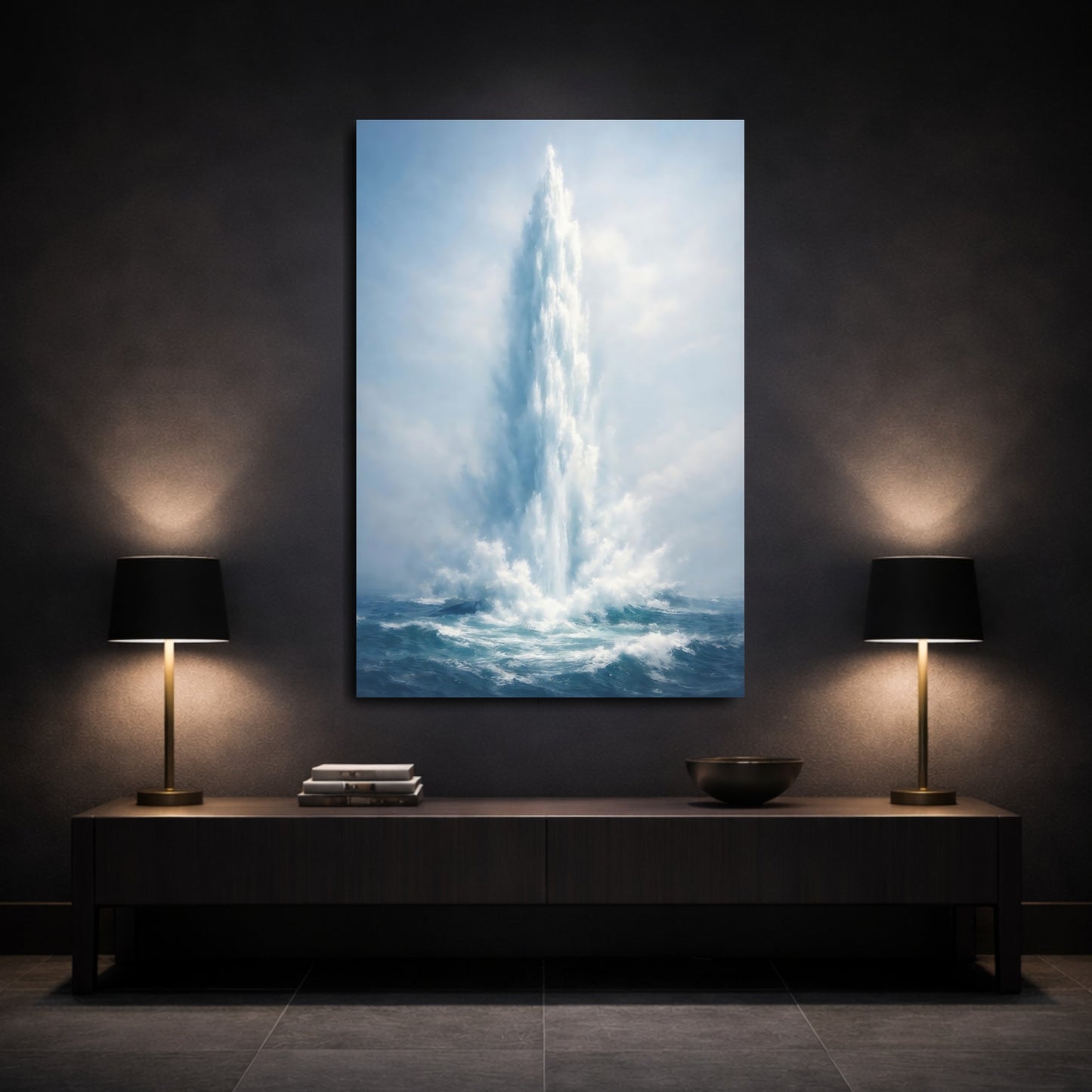 Mockup 2. Nature Water Spout Blue Ocean shown as stretched canvas wall art