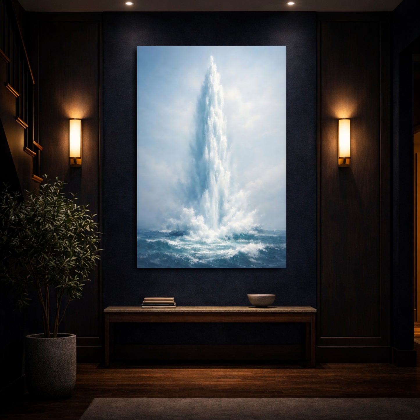 Mockup 3. Nature Water Spout Blue Ocean shown as stretched canvas wall art