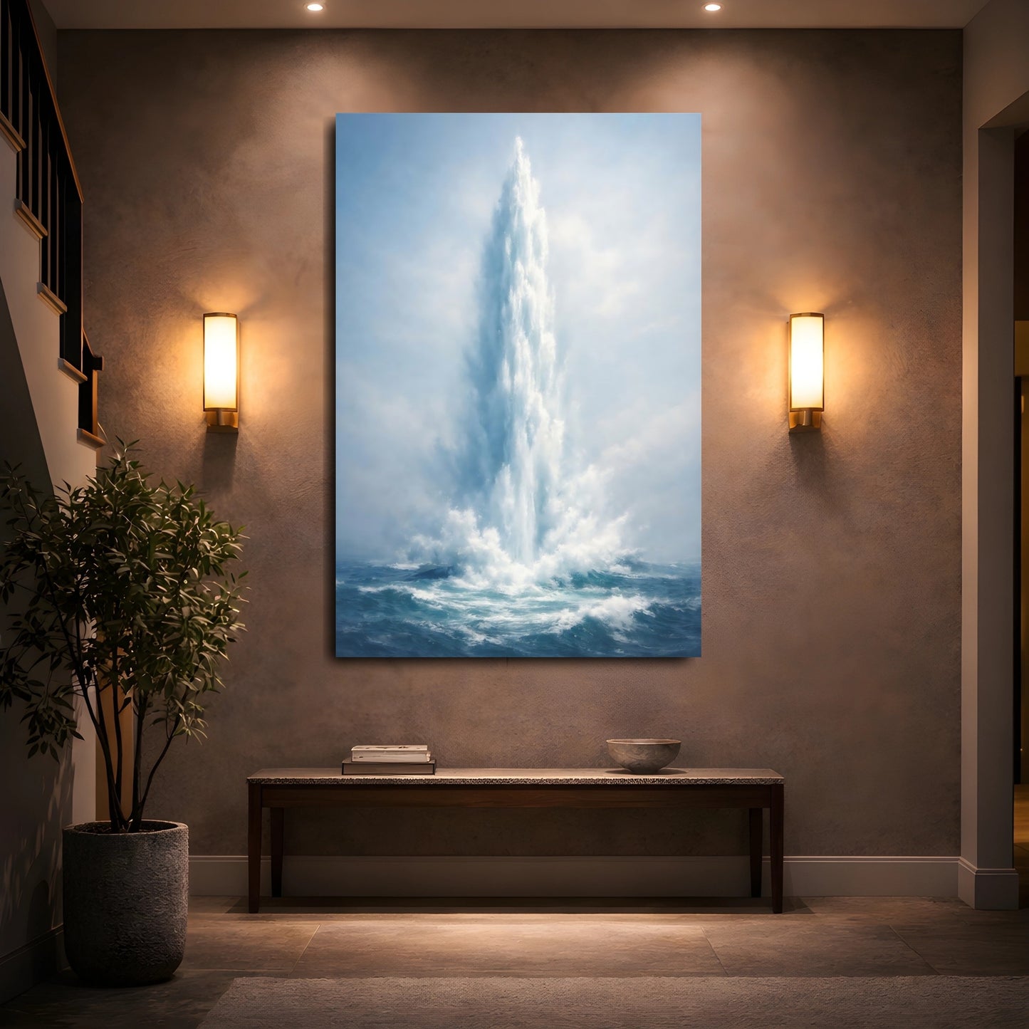 Mockup 4. Nature Water Spout Blue Ocean shown as stretched canvas wall art