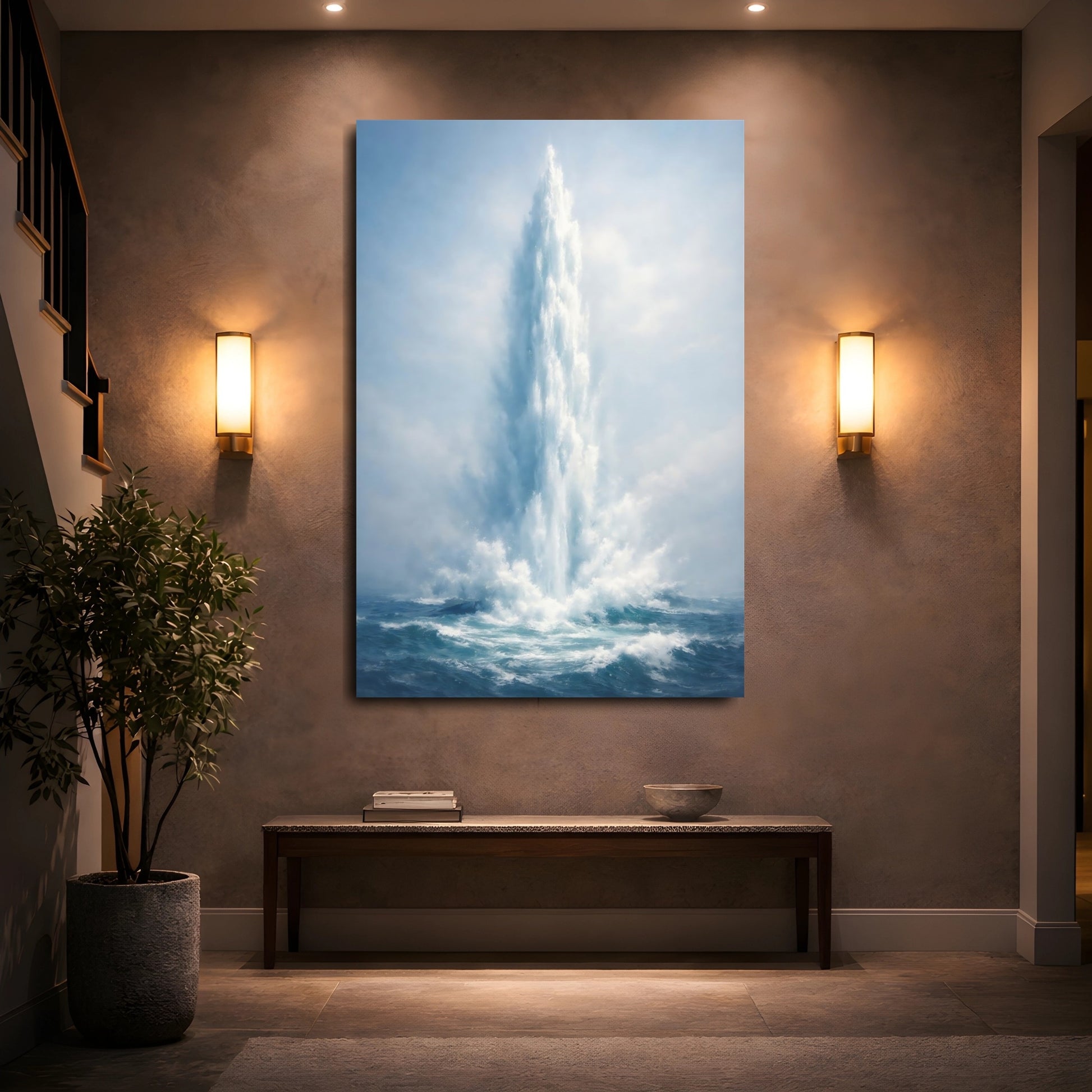 Mockup 4. Nature Water Spout Blue Ocean shown as stretched canvas wall art