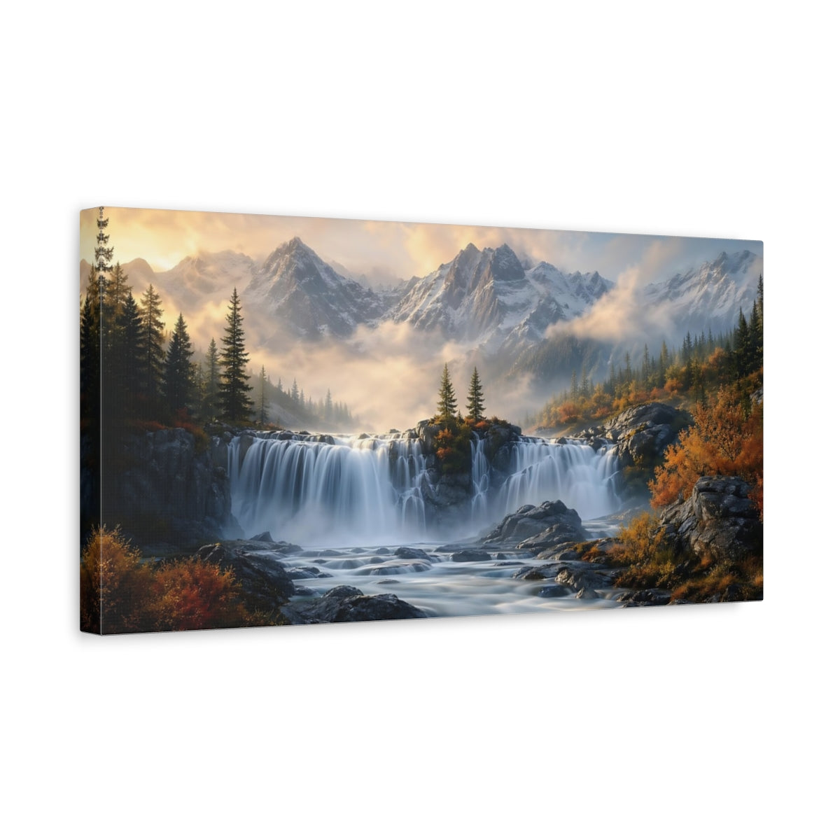 Side Mockup 3. Nature Waterfall Autumn Mountain Waterfall shown as stretched canvas wall art