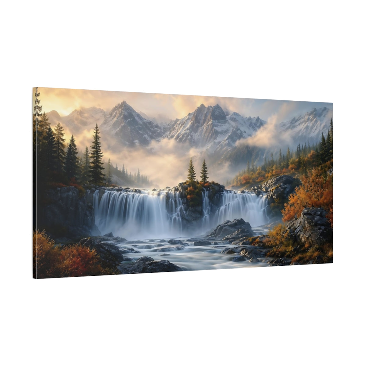 Side Mockup 2. Nature Waterfall Autumn Mountain Waterfall shown as stretched canvas wall art