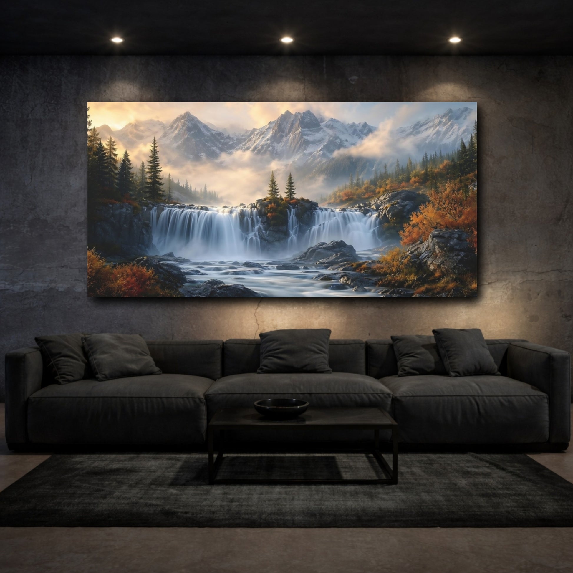 Mockup 2. Nature Waterfall Autumn Mountain Waterfall shown as stretched canvas wall art