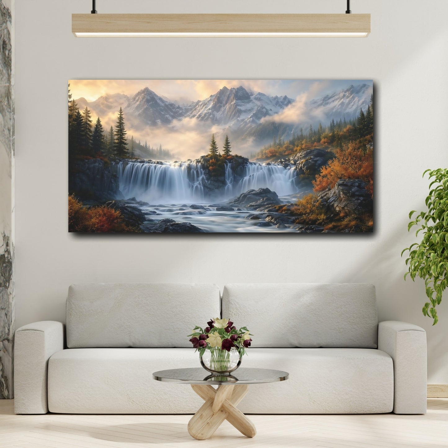 Mockup 3. Nature Waterfall Autumn Mountain Waterfall shown as stretched canvas wall art