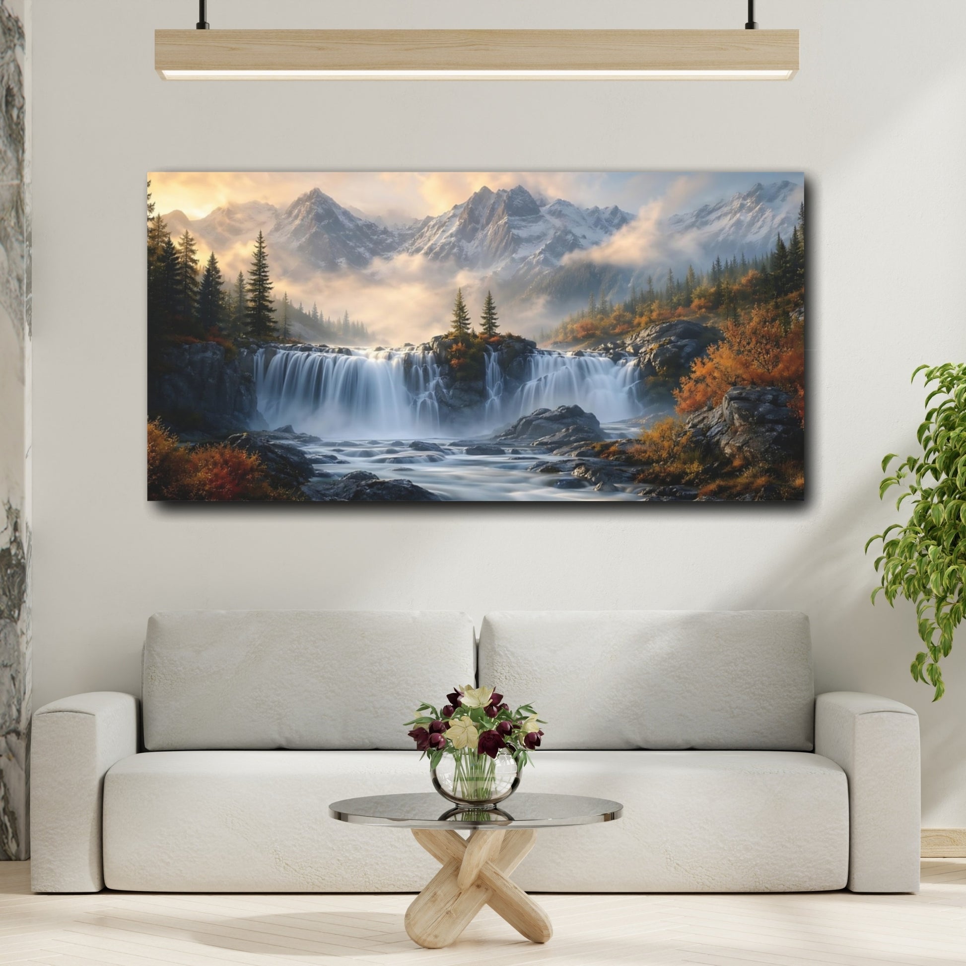 Mockup 3. Nature Waterfall Autumn Mountain Waterfall shown as stretched canvas wall art