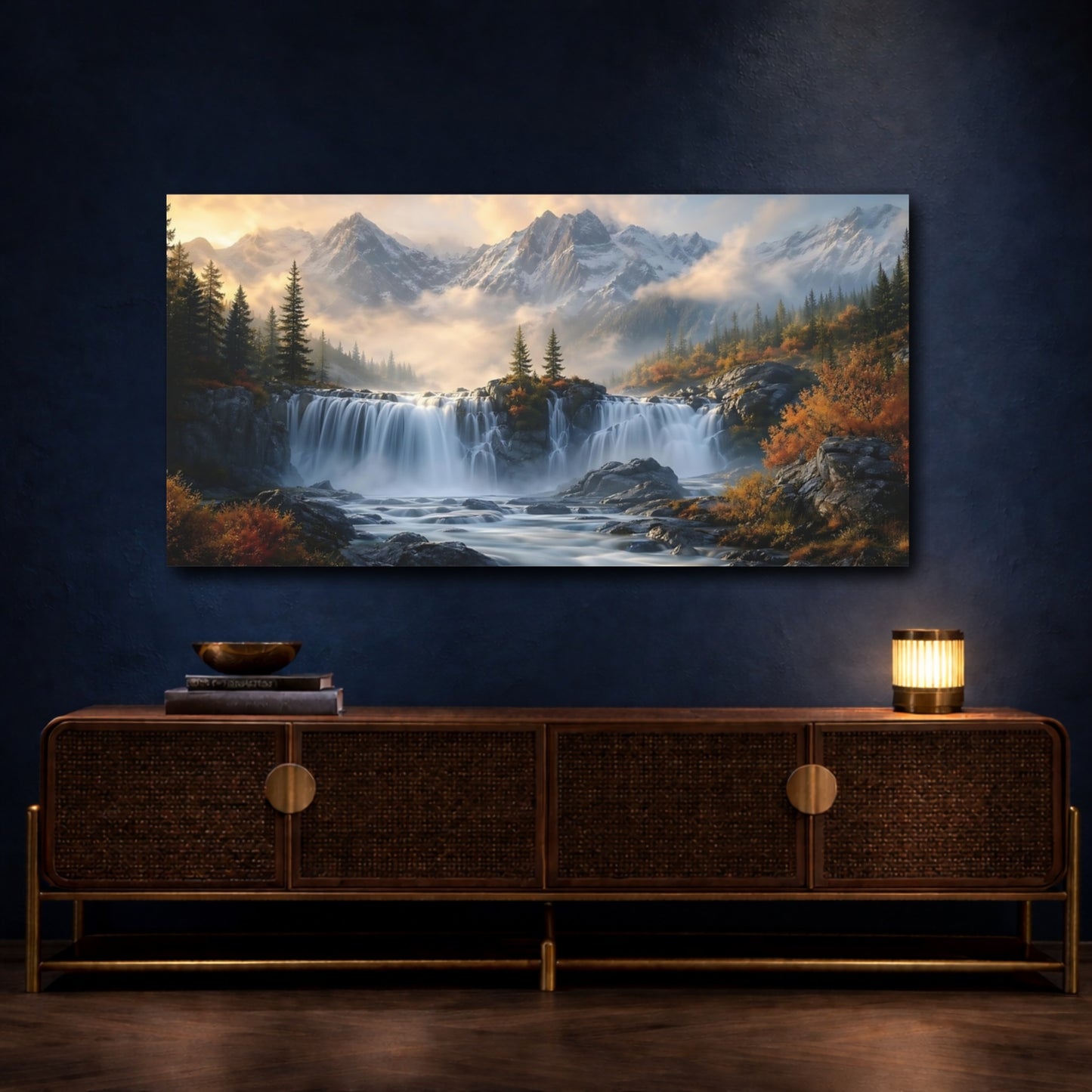 Mockup 4. Nature Waterfall Autumn Mountain Waterfall shown as stretched canvas wall art