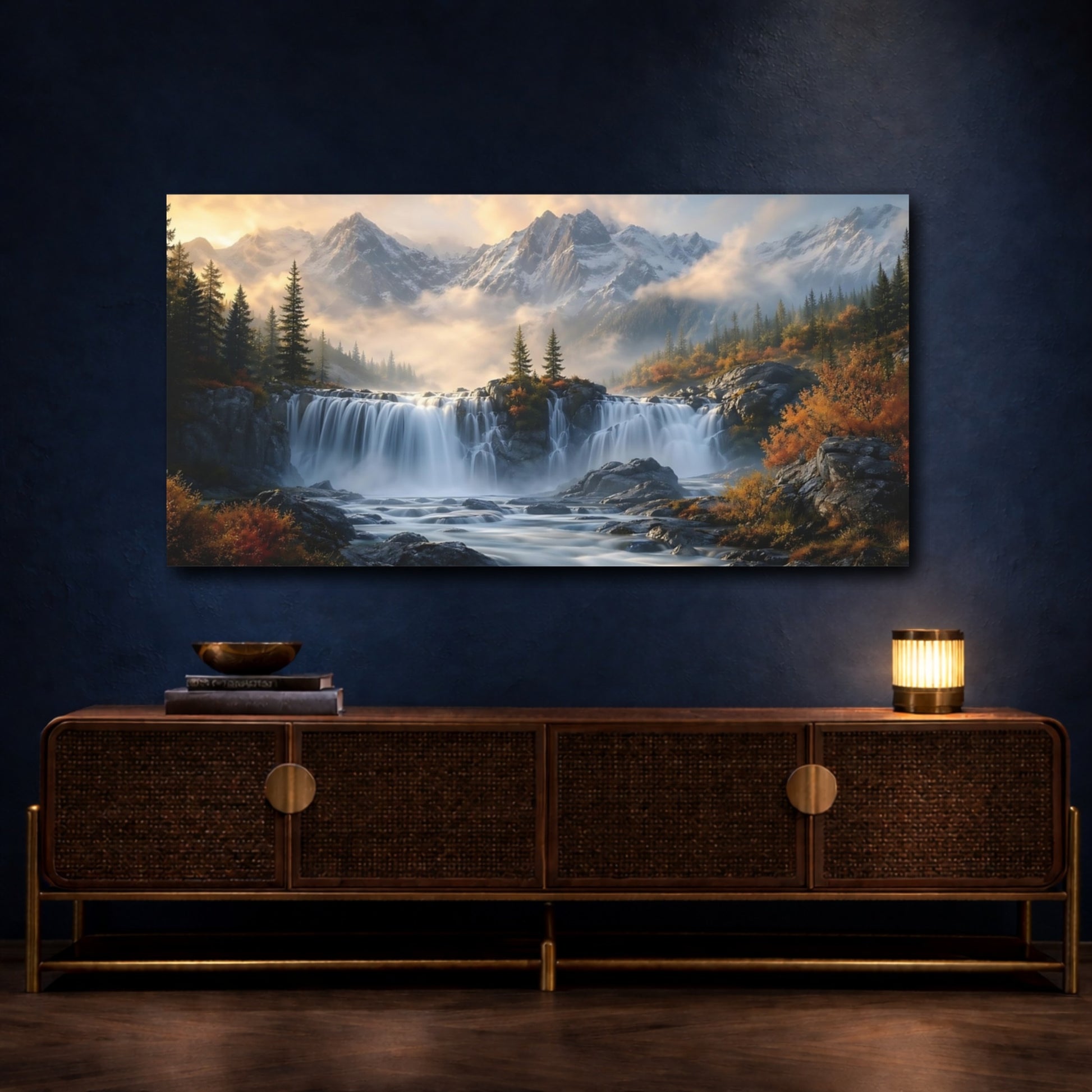 Mockup 4. Nature Waterfall Autumn Mountain Waterfall shown as stretched canvas wall art