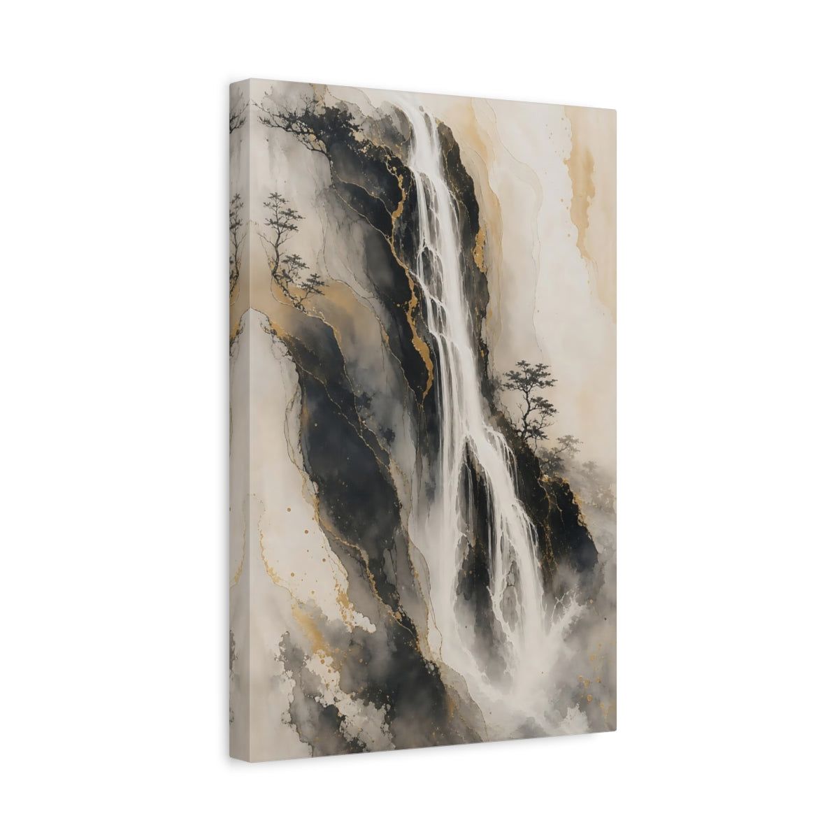 Side Mockup 4. Nature Waterfall Black Gold Waterfall shown as stretched canvas wall art