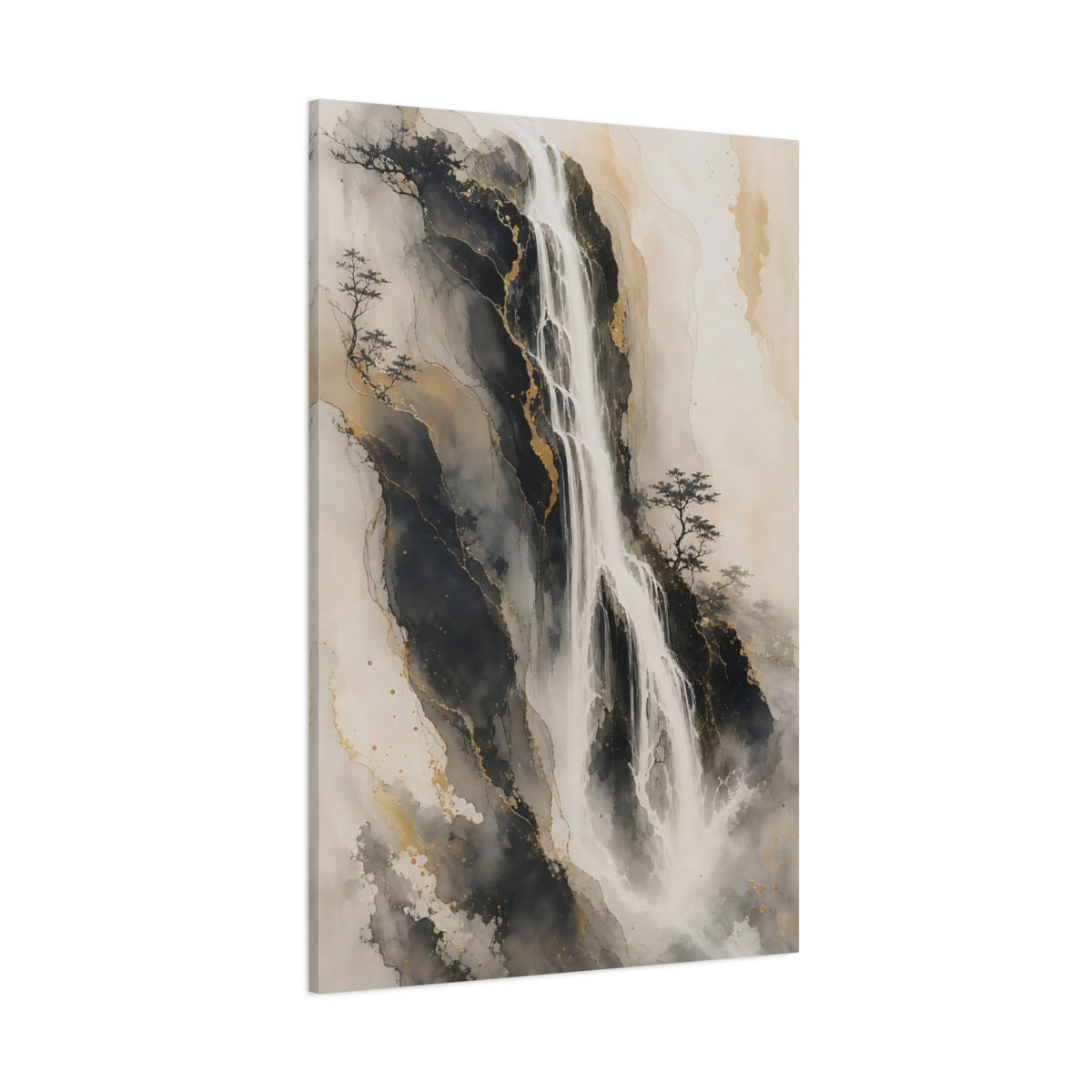 Side Mockup 1. Nature Waterfall Black Gold Waterfall shown as stretched canvas wall art