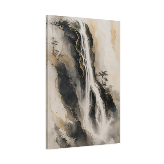 Main Mockup. Nature Waterfall Black Gold Waterfall shown as stretched canvas wall art