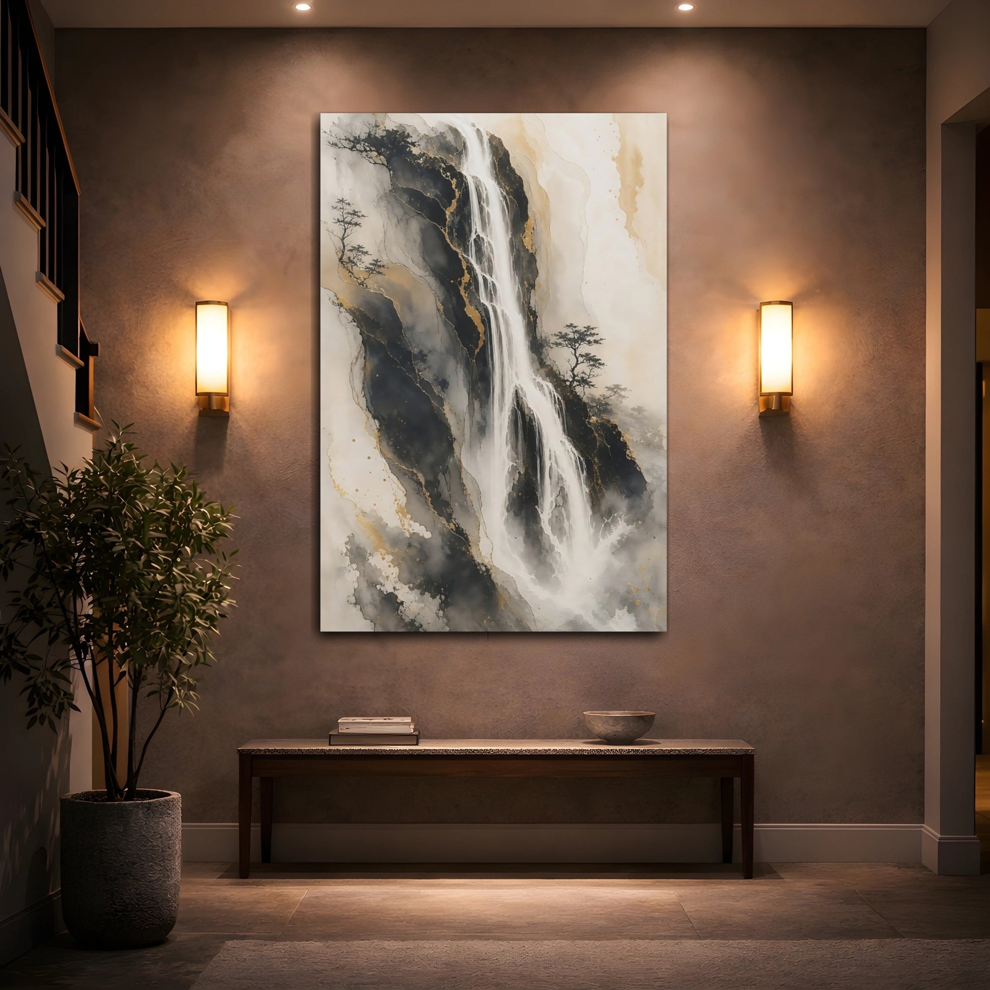 Mockup 2. Nature Waterfall Black Gold Waterfall shown as stretched canvas wall art