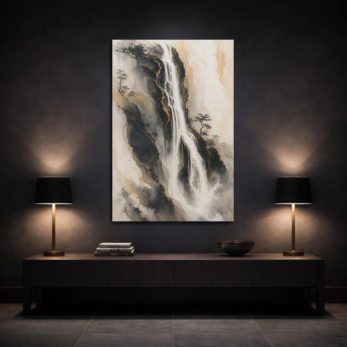 Mockup 3. Nature Waterfall Black Gold Waterfall shown as stretched canvas wall art