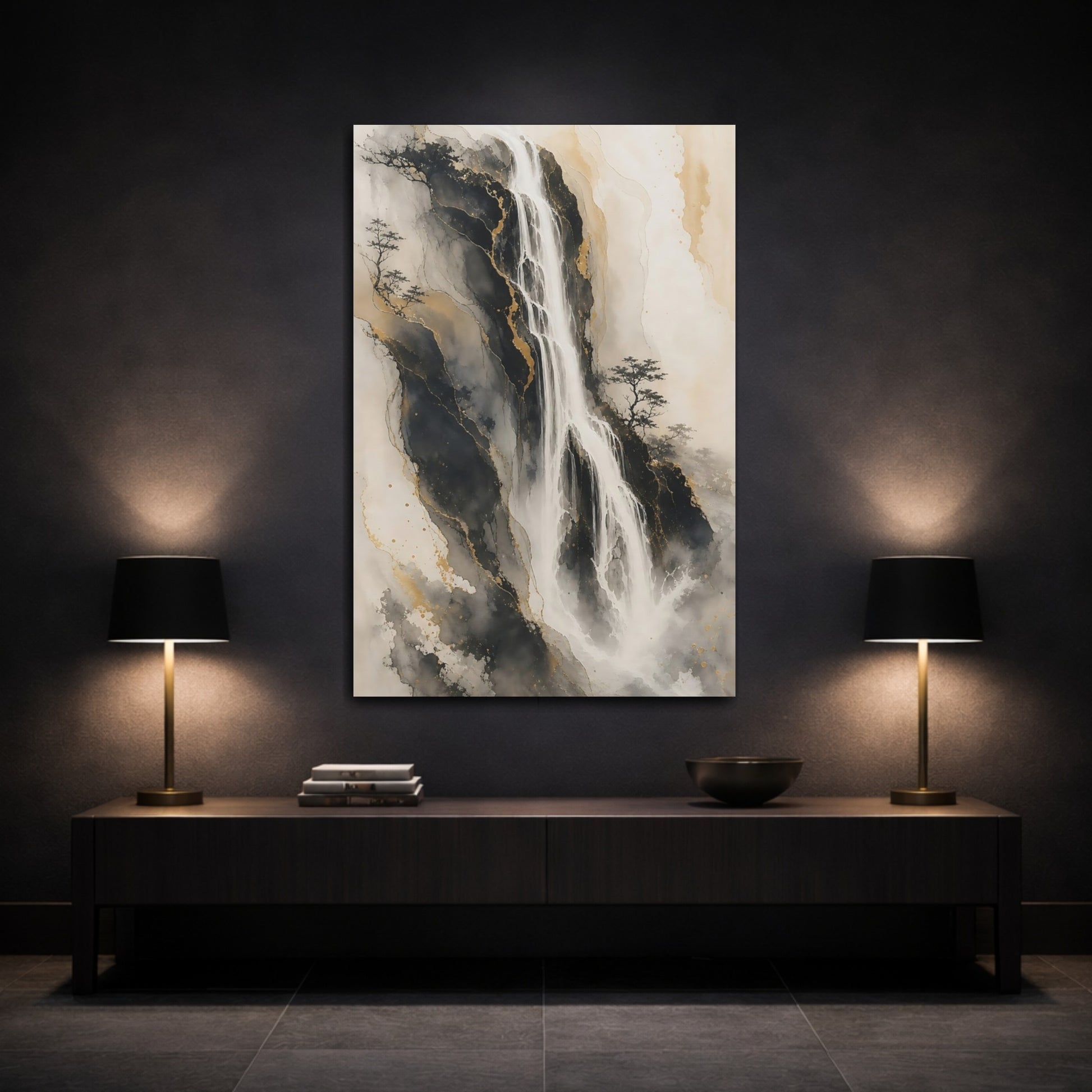 Mockup 3. Nature Waterfall Black Gold Waterfall shown as stretched canvas wall art