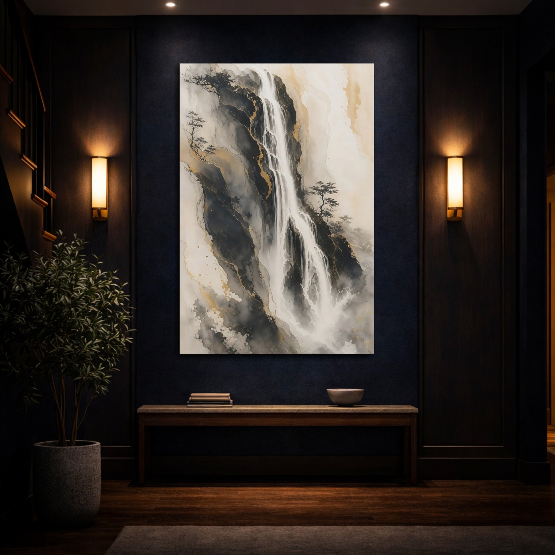 Mockup 4. Nature Waterfall Black Gold Waterfall shown as stretched canvas wall art