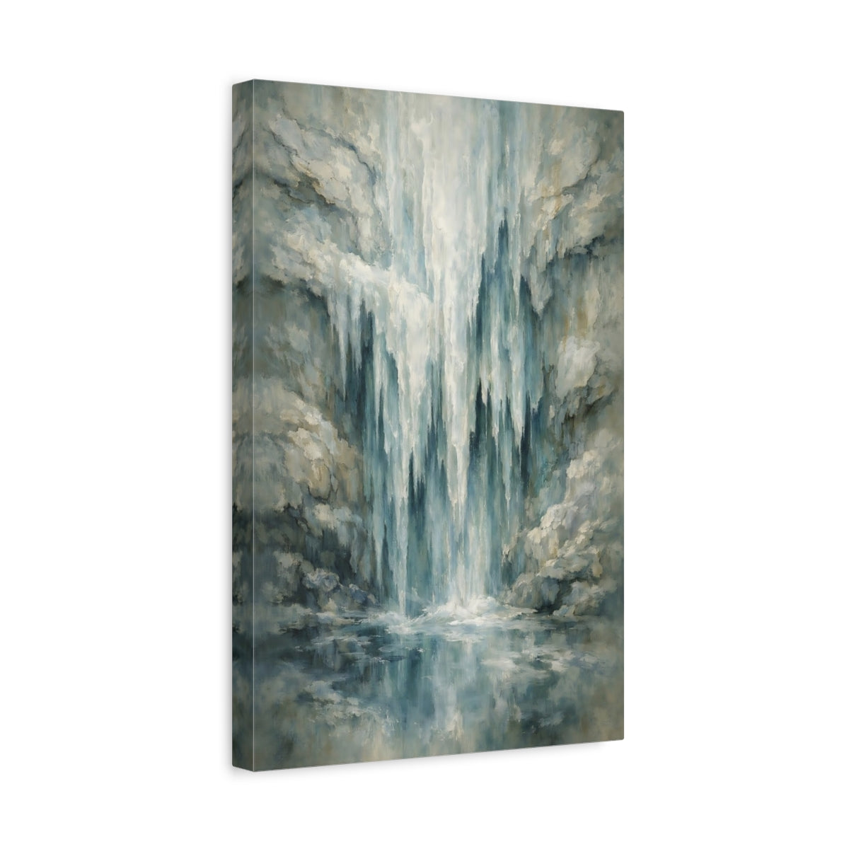 Side Mockup 4. Nature Waterfall Blue And Gray shown as stretched canvas wall art