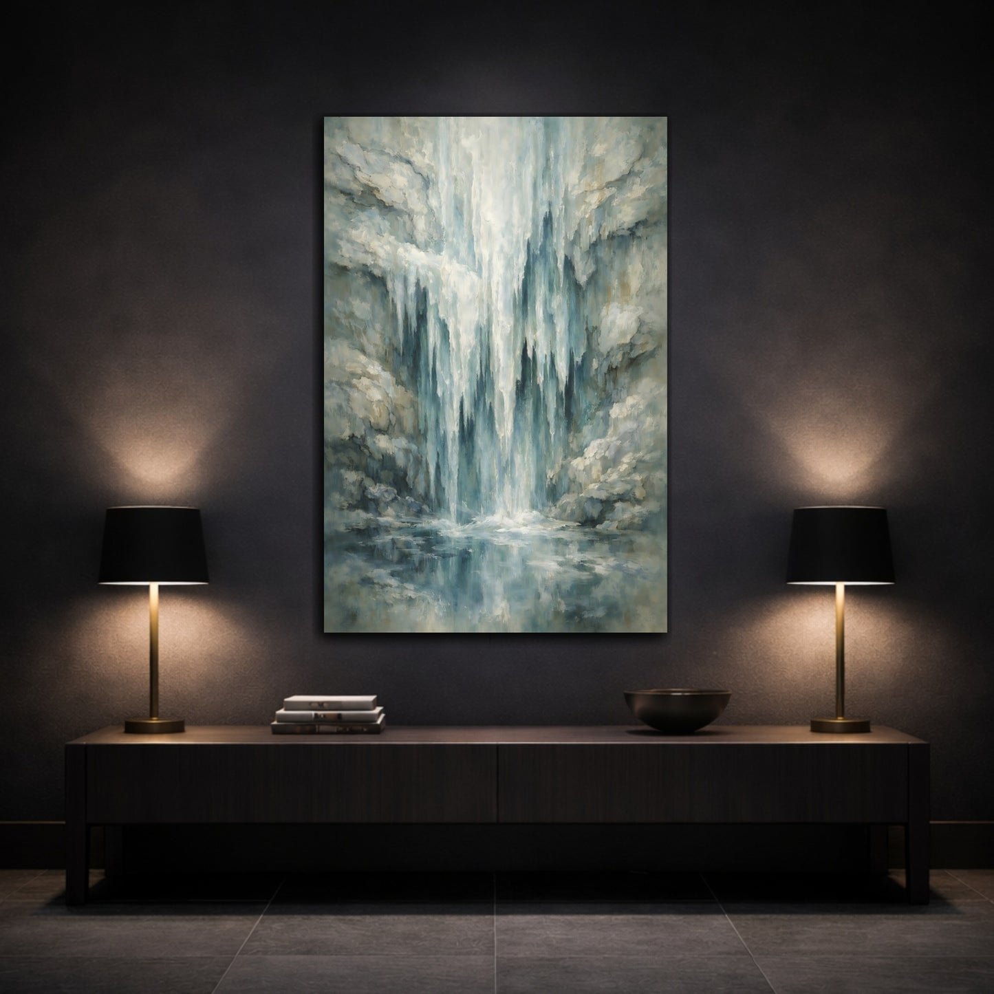 Mockup 2. Nature Waterfall Blue And Gray shown as stretched canvas wall art
