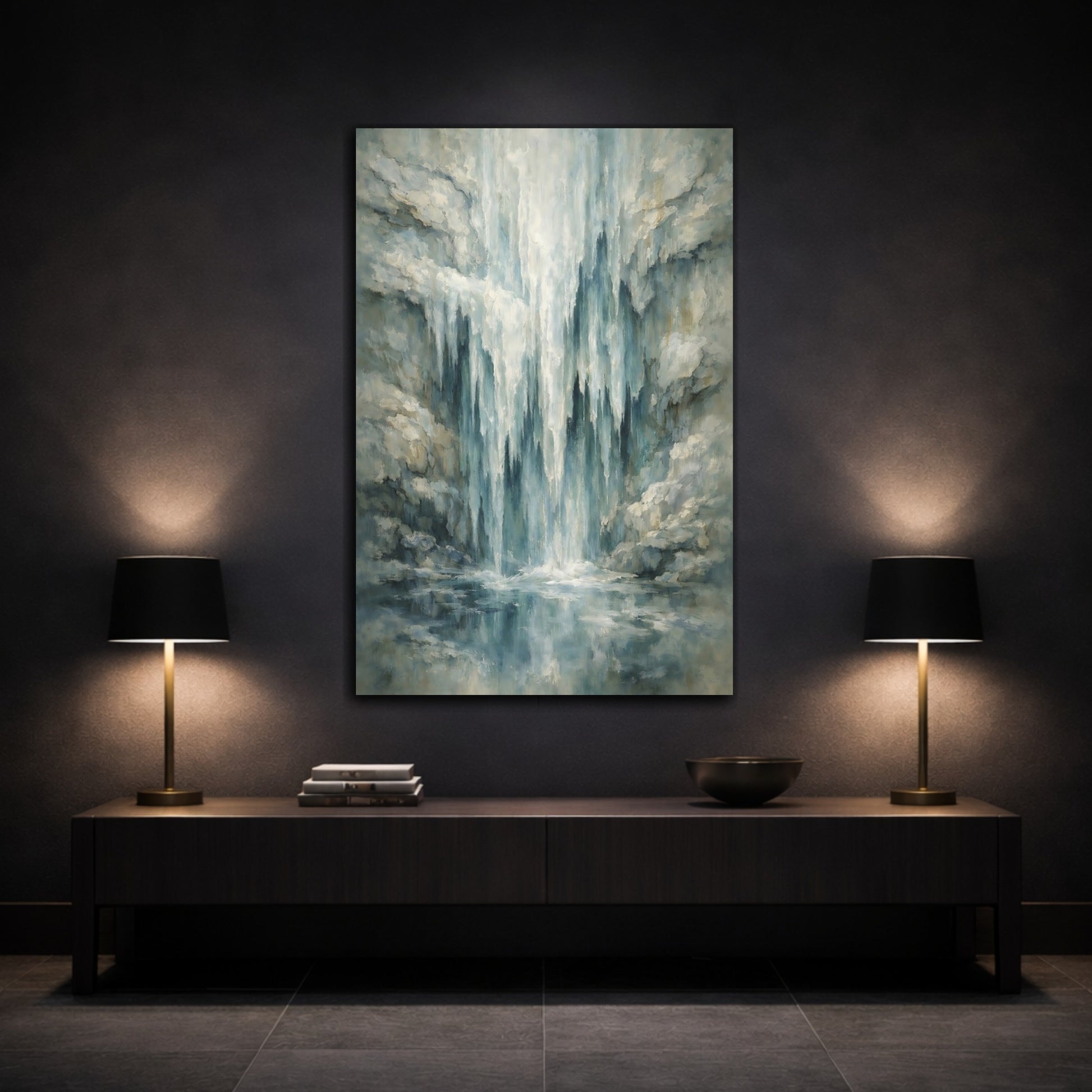 Mockup 2. Nature Waterfall Blue And Gray shown as stretched canvas wall art