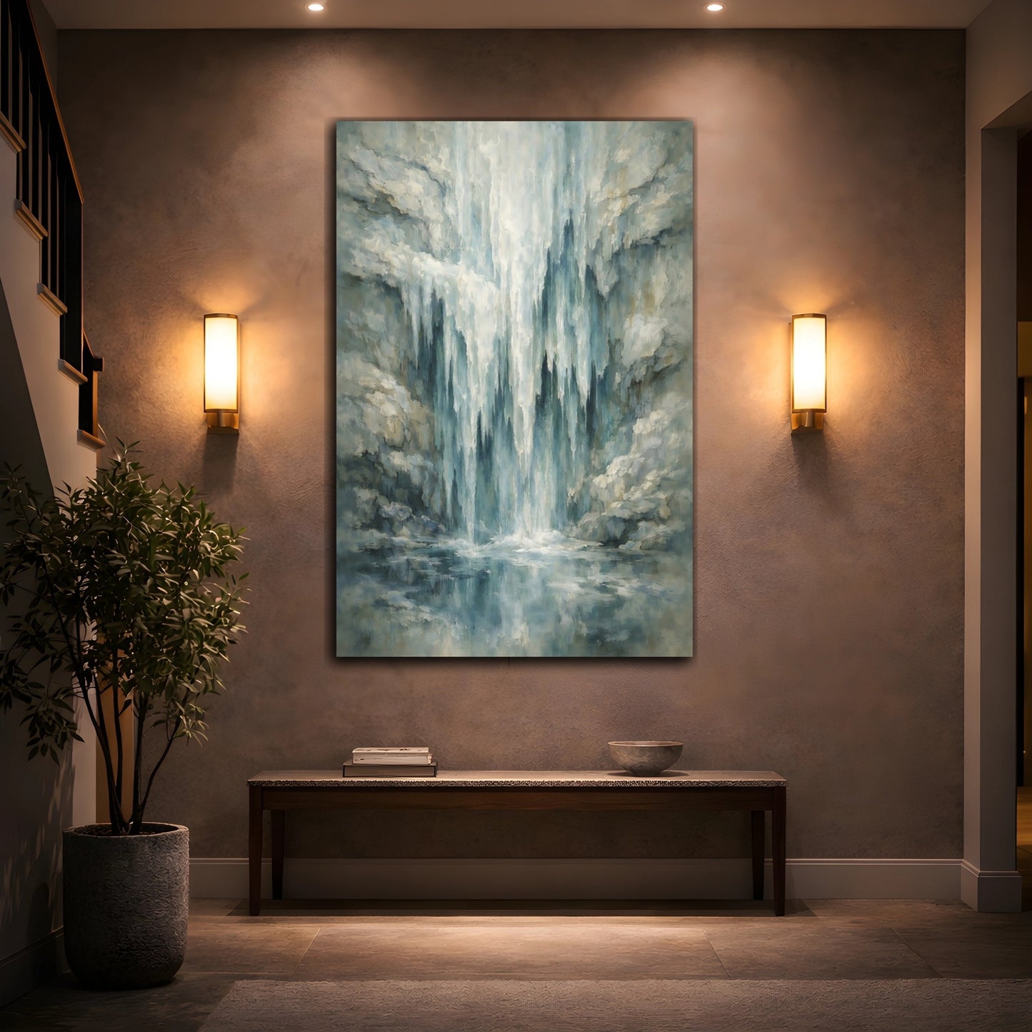 Mockup 3. Nature Waterfall Blue And Gray shown as stretched canvas wall art
