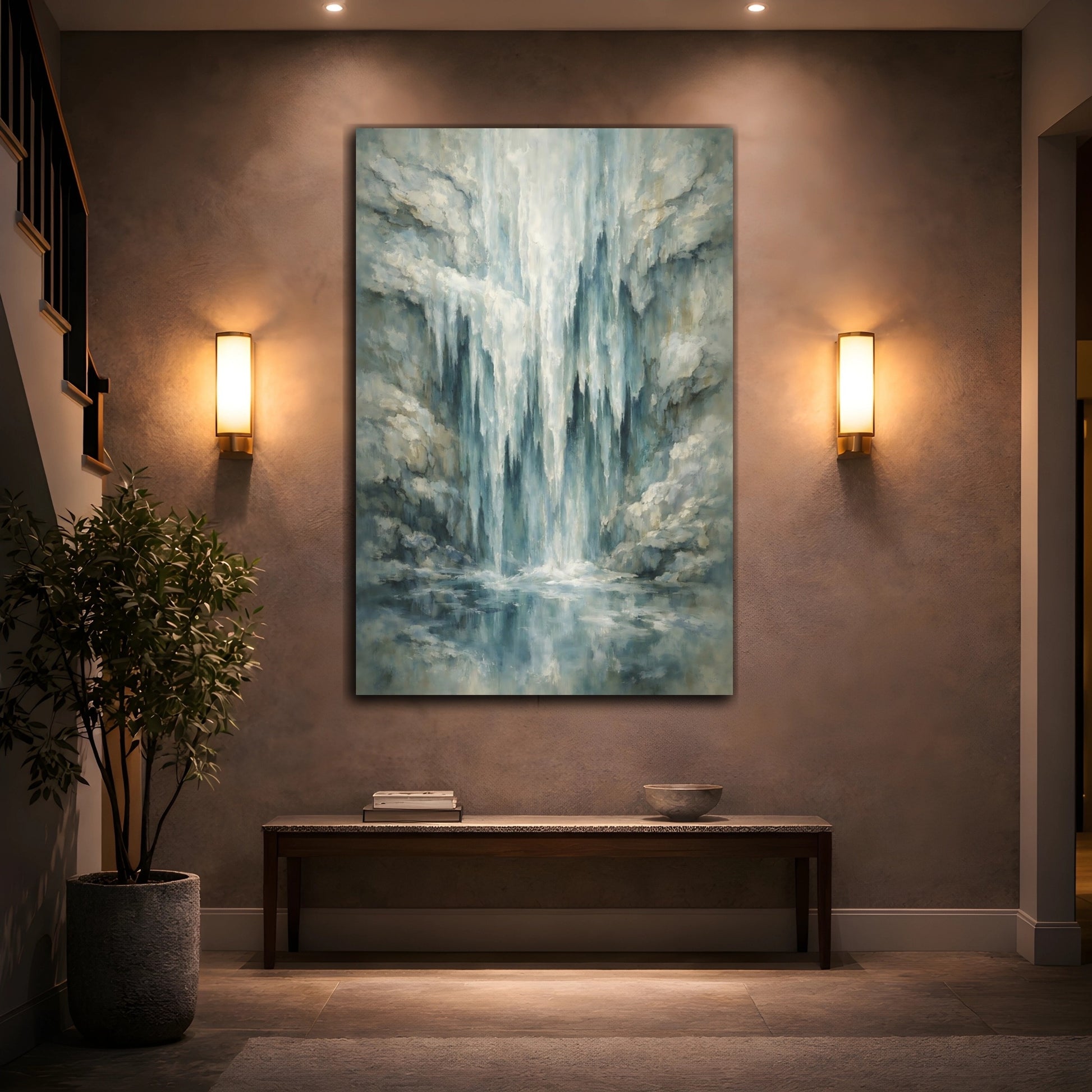 Mockup 3. Nature Waterfall Blue And Gray shown as stretched canvas wall art