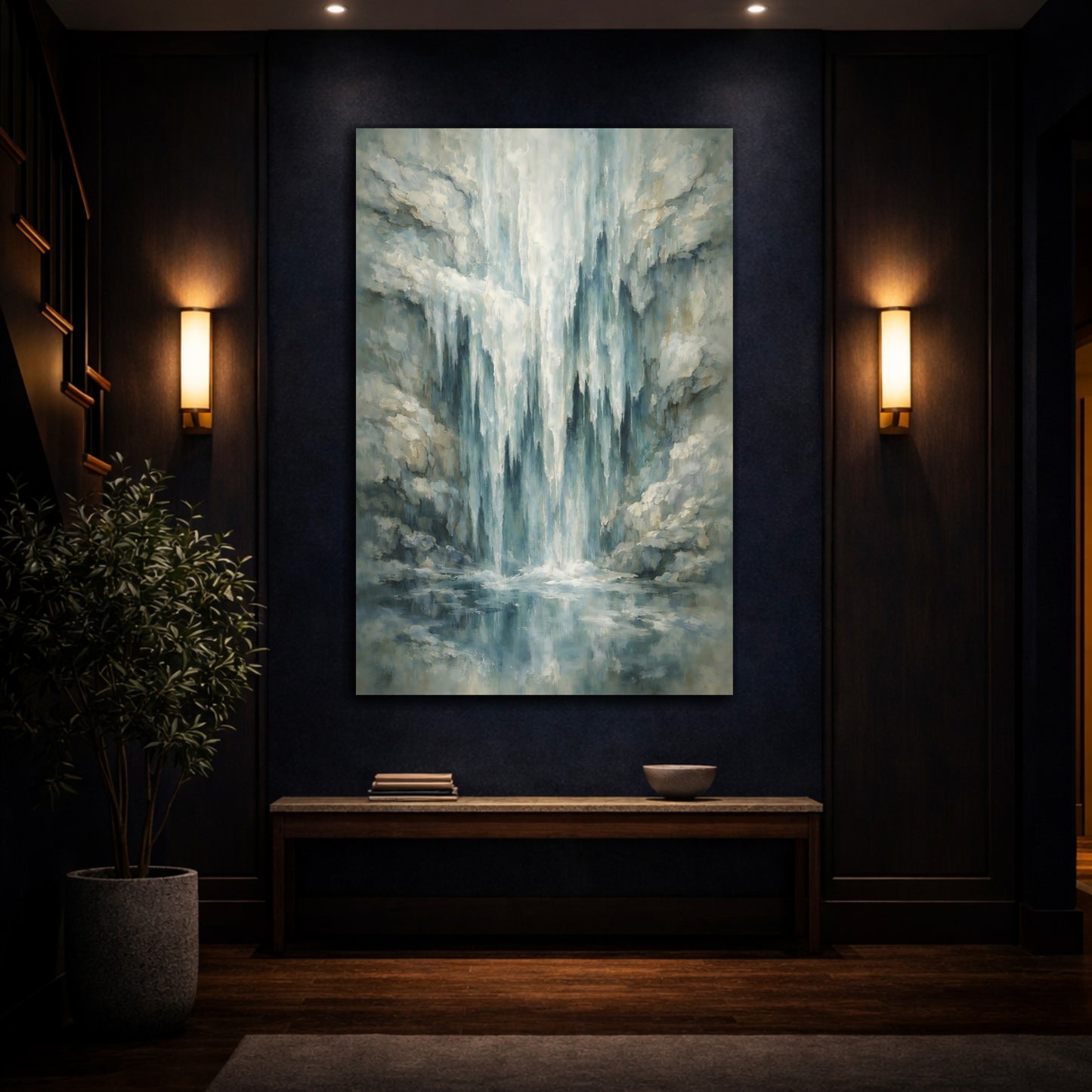 Mockup 4. Nature Waterfall Blue And Gray shown as stretched canvas wall art