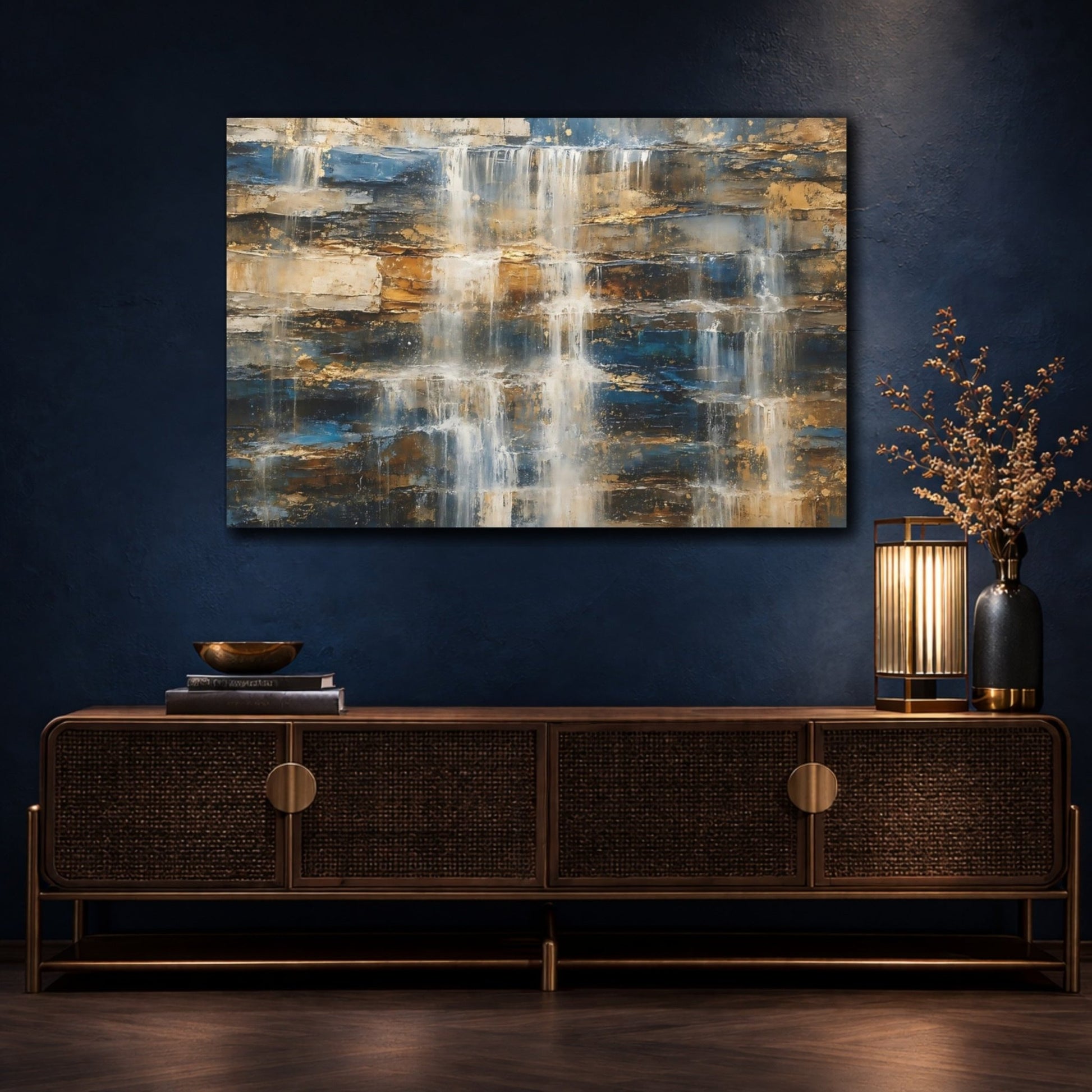 Nature Waterfall Blue Gold Canvas Print – Living Room, Above Fireplace - YesArtYes